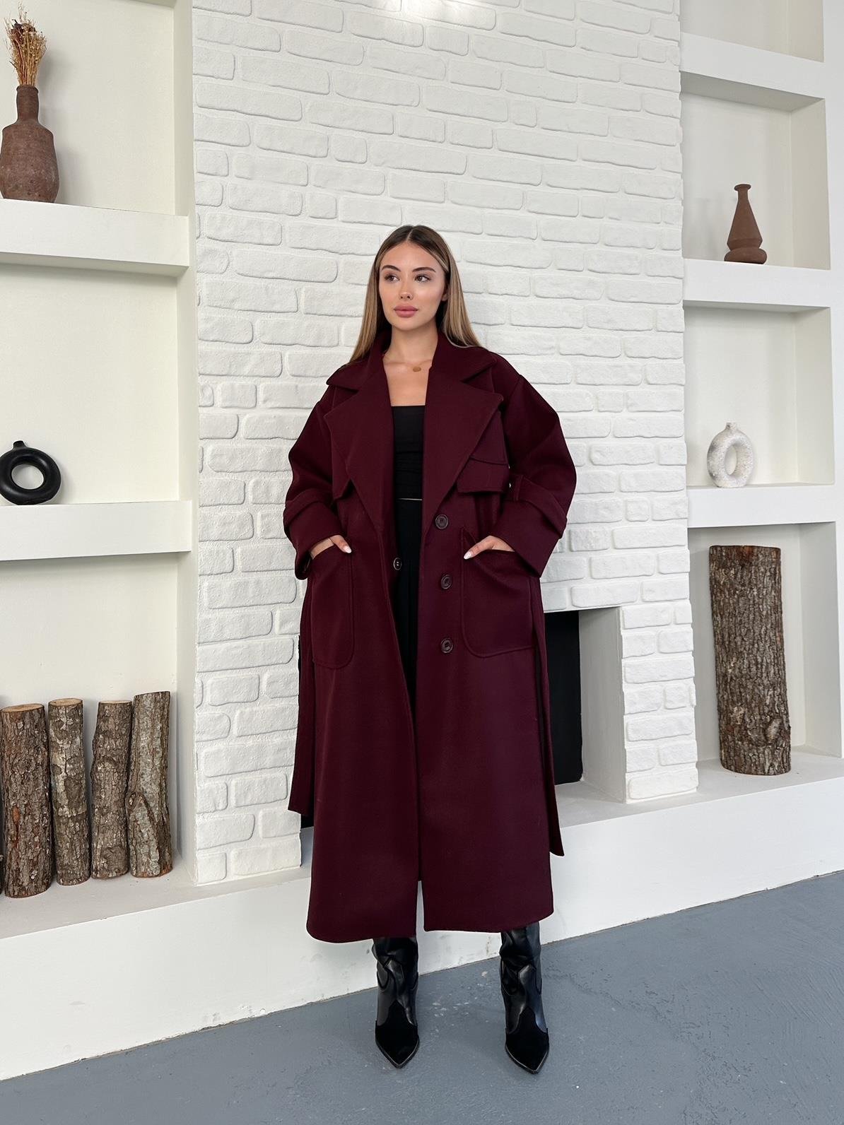 Bordo Kaşe Astarlı Kuşaklı Düğmeli Kaban
