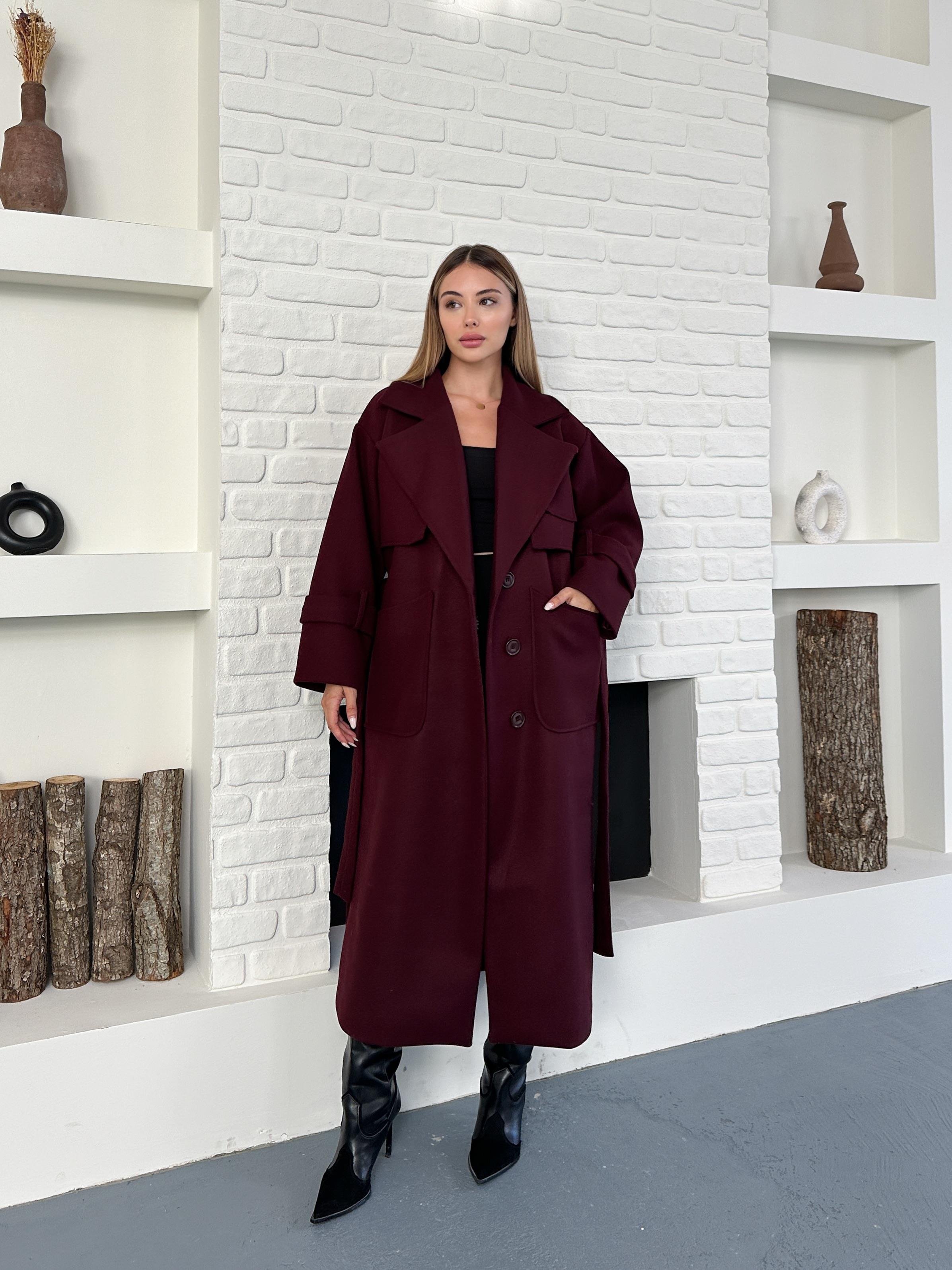 Bordo Kaşe Astarlı Kuşaklı Düğmeli Kaban