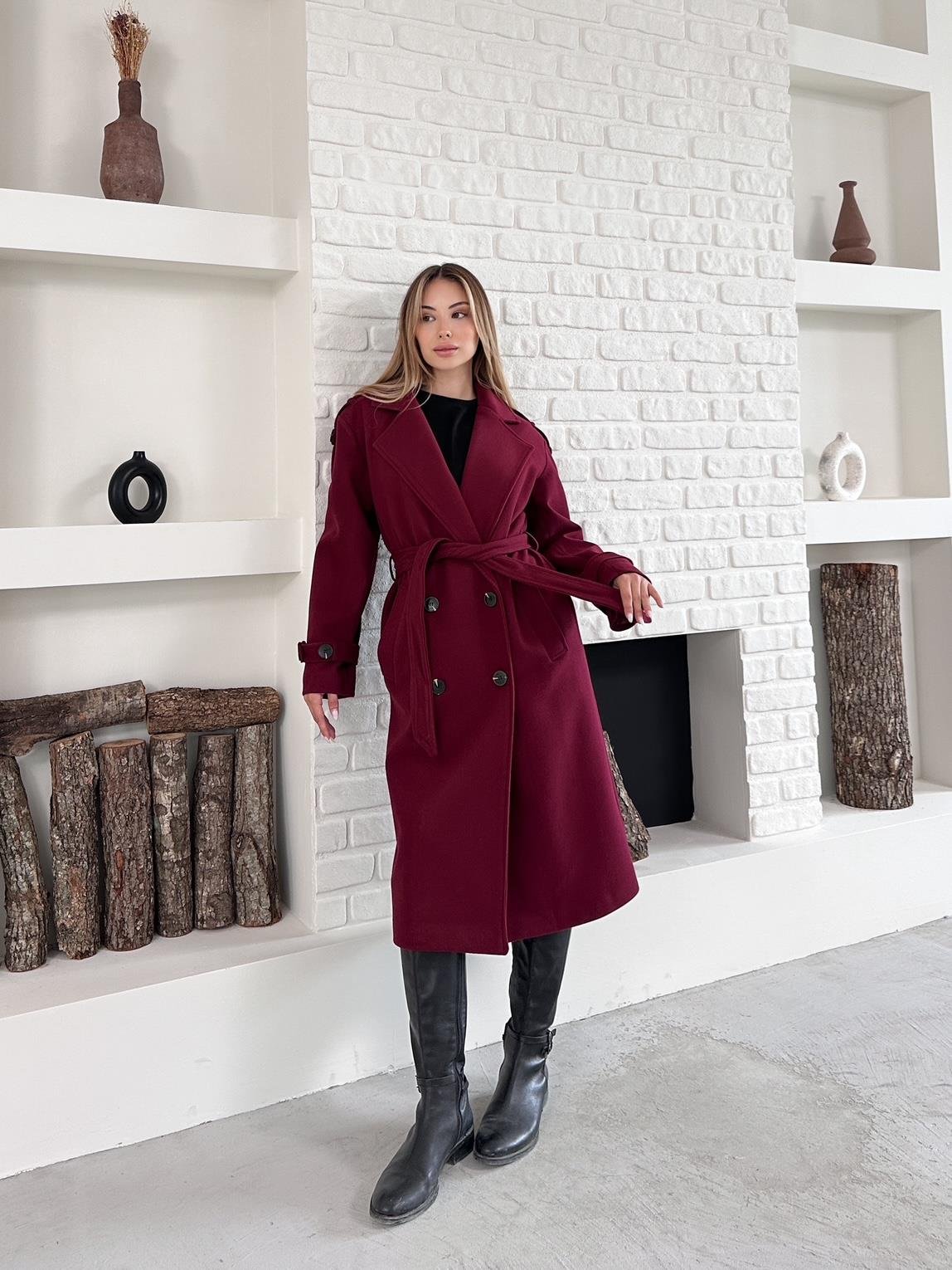 Bordo Kaşe Kolu Kemerli Düğmeli Kaban
