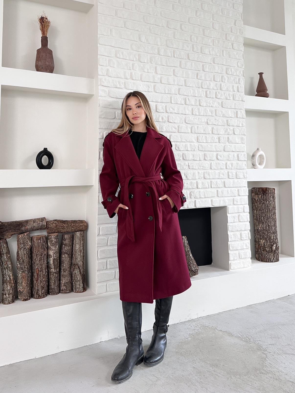Bordo Kaşe Kolu Kemerli Düğmeli Kaban