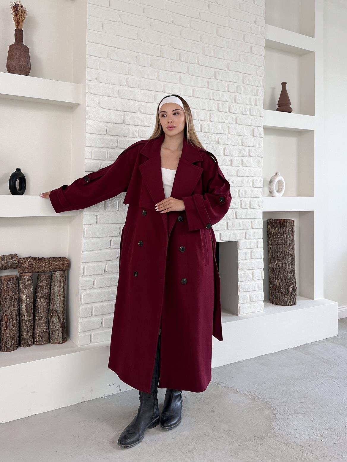 Bordo Kaşe Pelerinli Kuşaklı Düğmeli Oversize Kaban