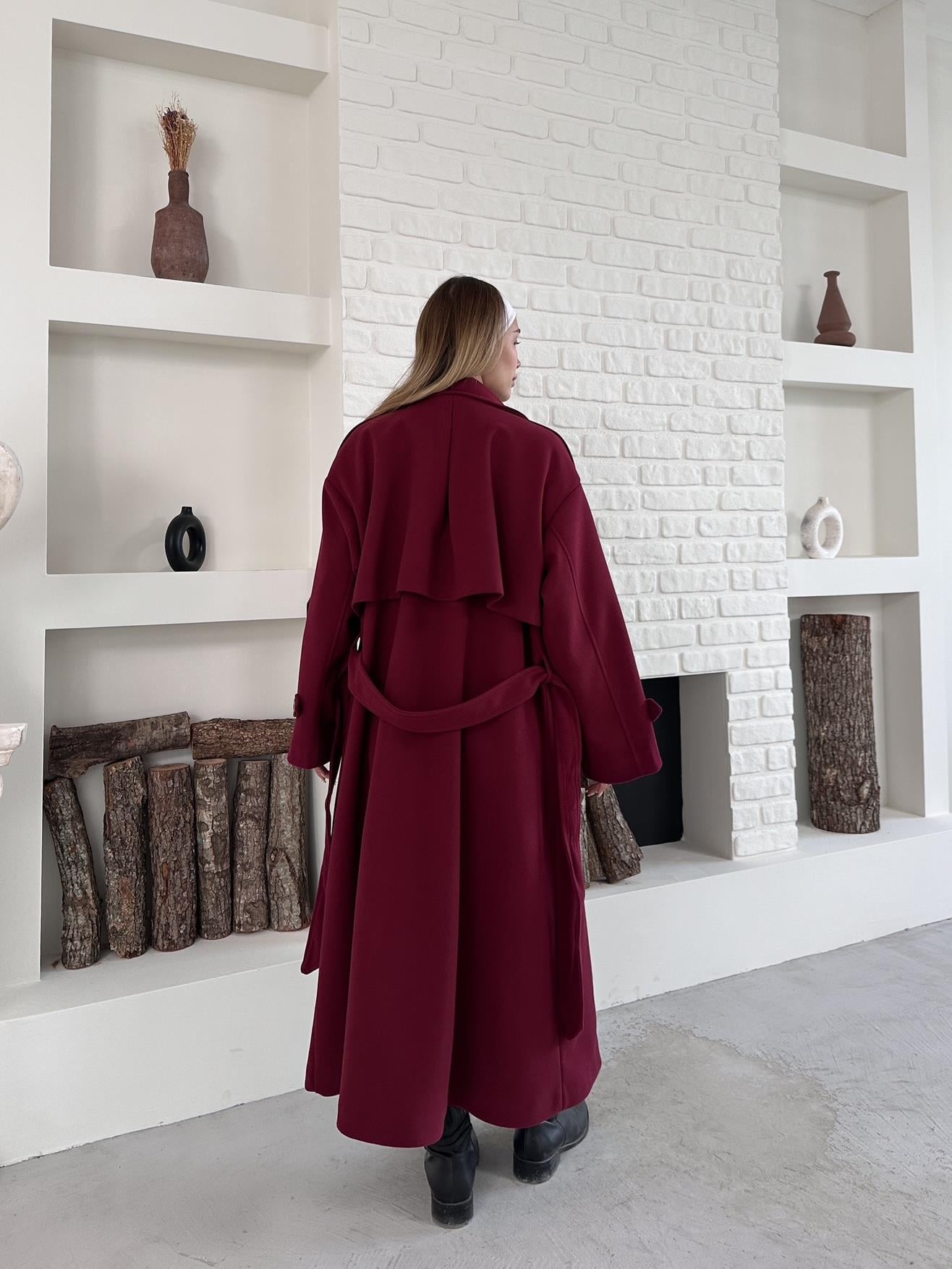 Bordo Kaşe Pelerinli Kuşaklı Düğmeli Oversize Kaban
