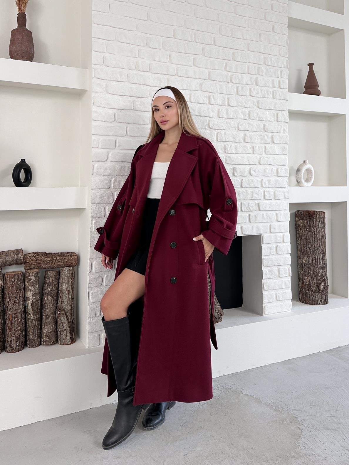 Bordo Kaşe Pelerinli Kuşaklı Düğmeli Oversize Kaban