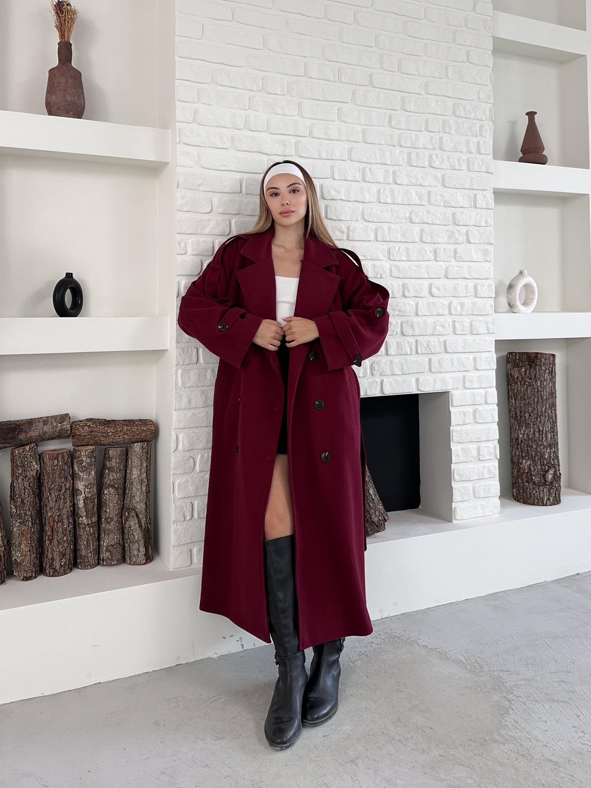 Bordo Kaşe Pelerinli Kuşaklı Düğmeli Oversize Kaban
