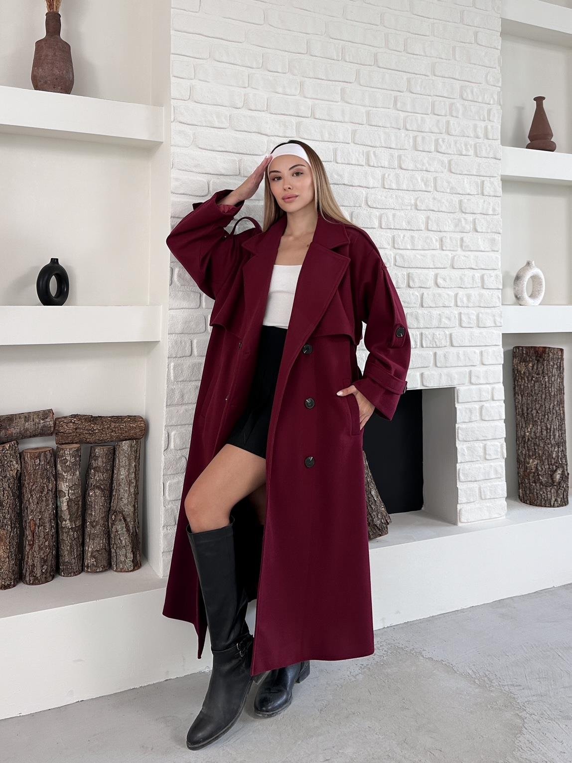 Bordo Kaşe Pelerinli Kuşaklı Düğmeli Oversize Kaban