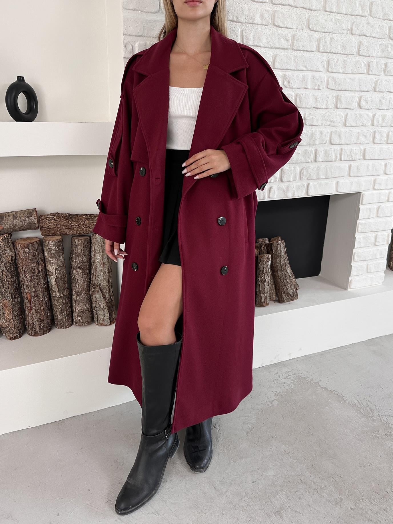 Bordo Kaşe Pelerinli Kuşaklı Düğmeli Oversize Kaban