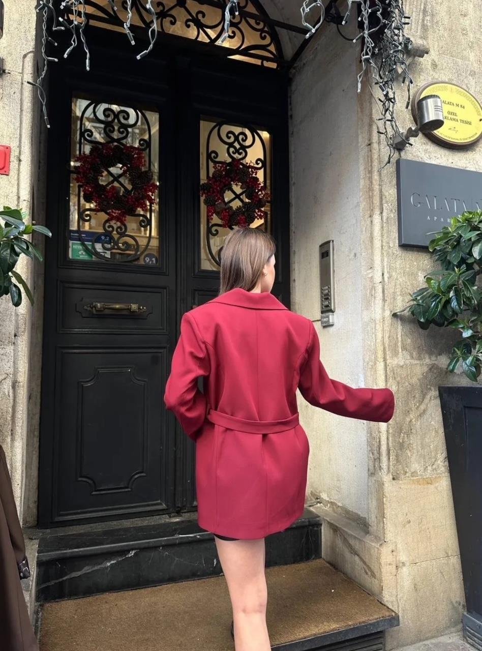 Bordo Kemerli Blazer Ceket