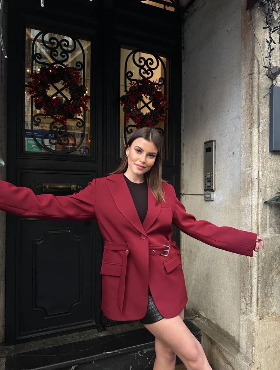 Bordo Kemerli Blazer Ceket