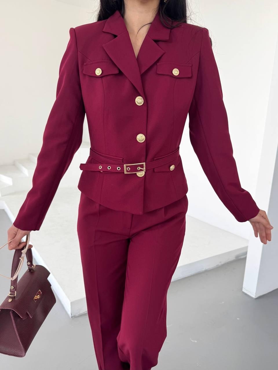 Bordo Kemerli Ceket Pantolon Blazer Takım