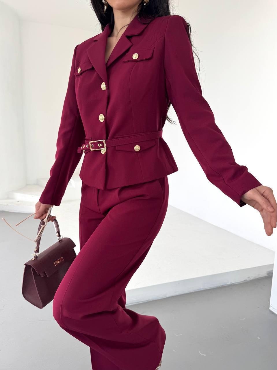 Bordo Kemerli Ceket Pantolon Blazer Takım