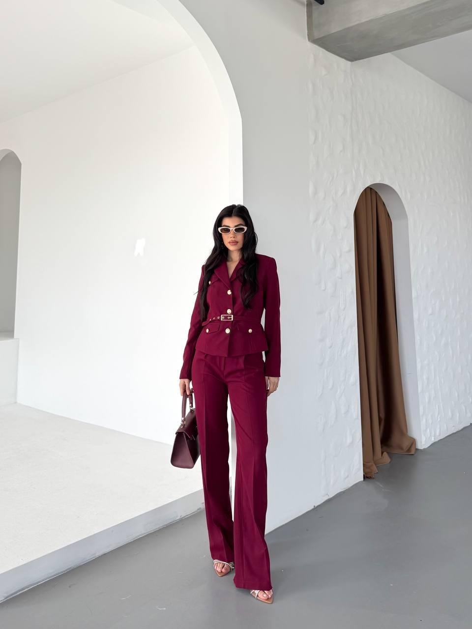 Bordo Kemerli Ceket Pantolon Blazer Takım