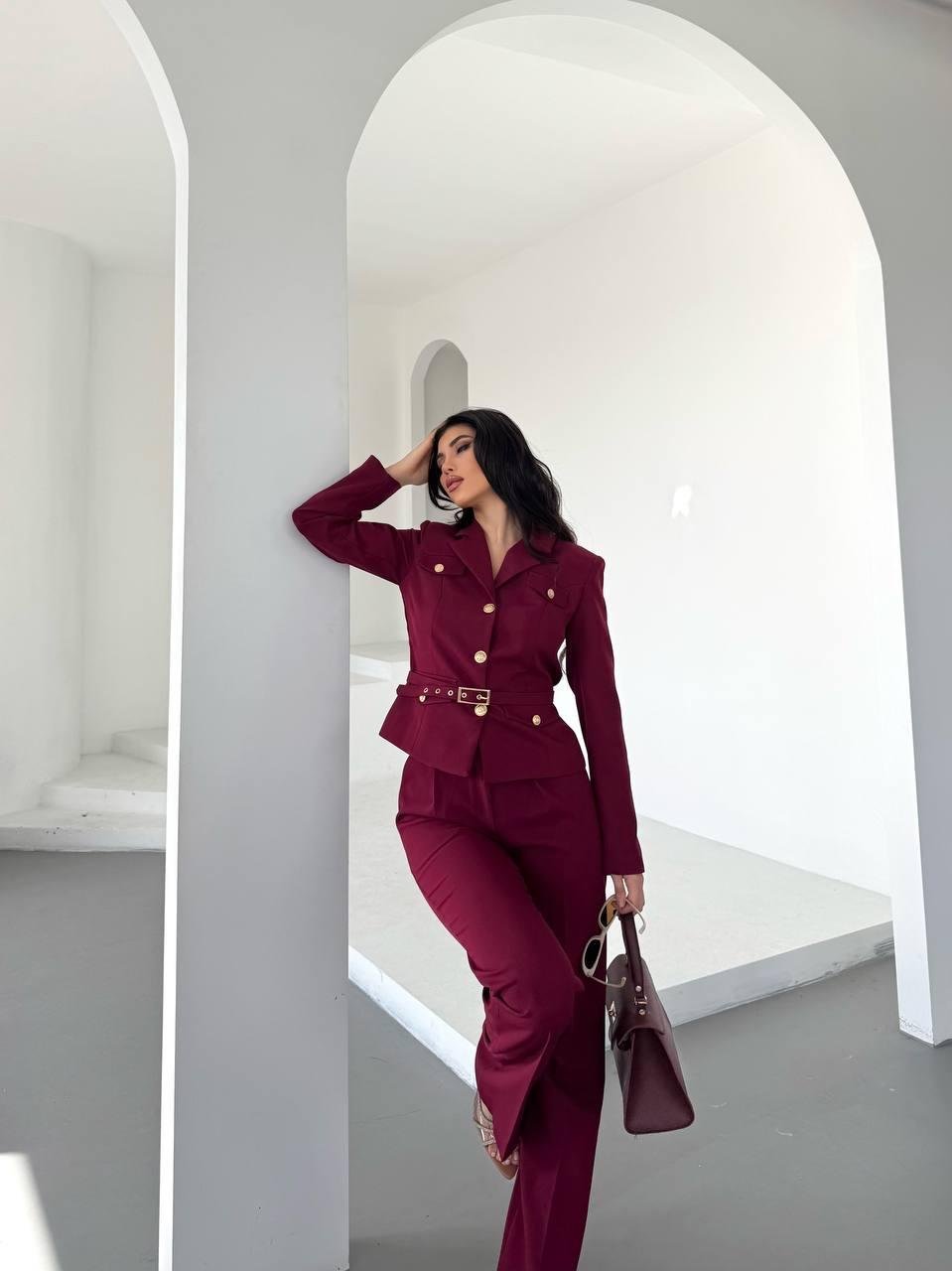 Bordo Kemerli Ceket Pantolon Blazer Takım