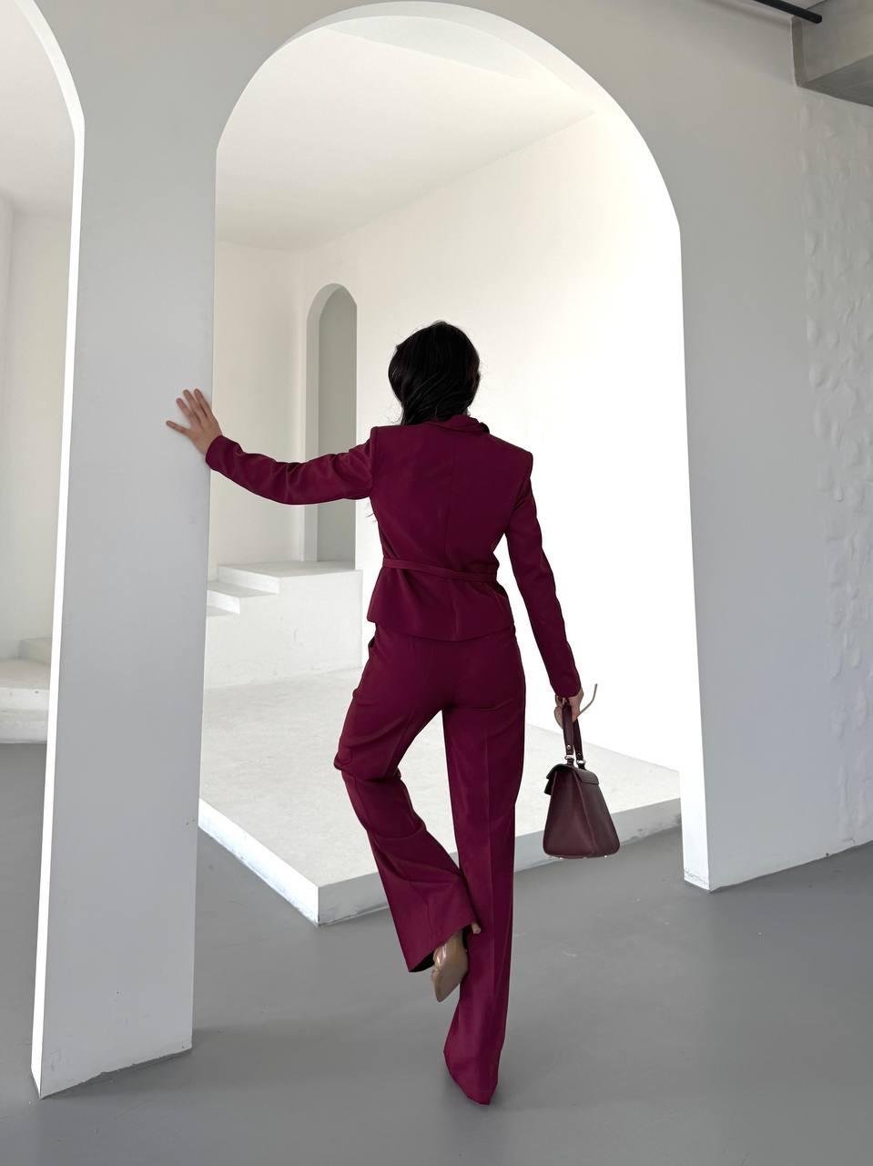 Bordo Kemerli Ceket Pantolon Blazer Takım