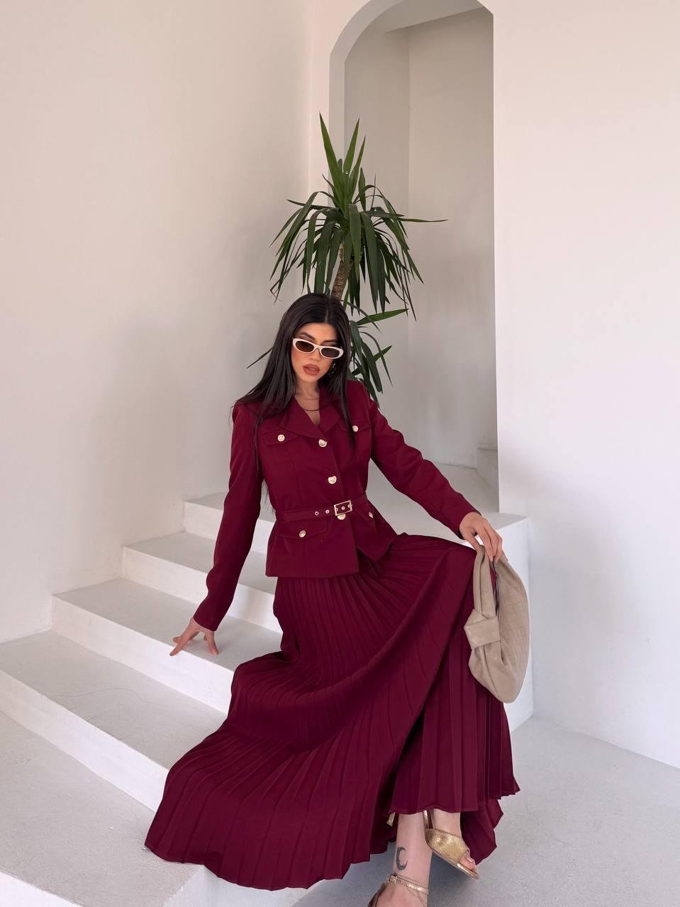 Bordo Kemerli Pilise Etekli Blazer Takım