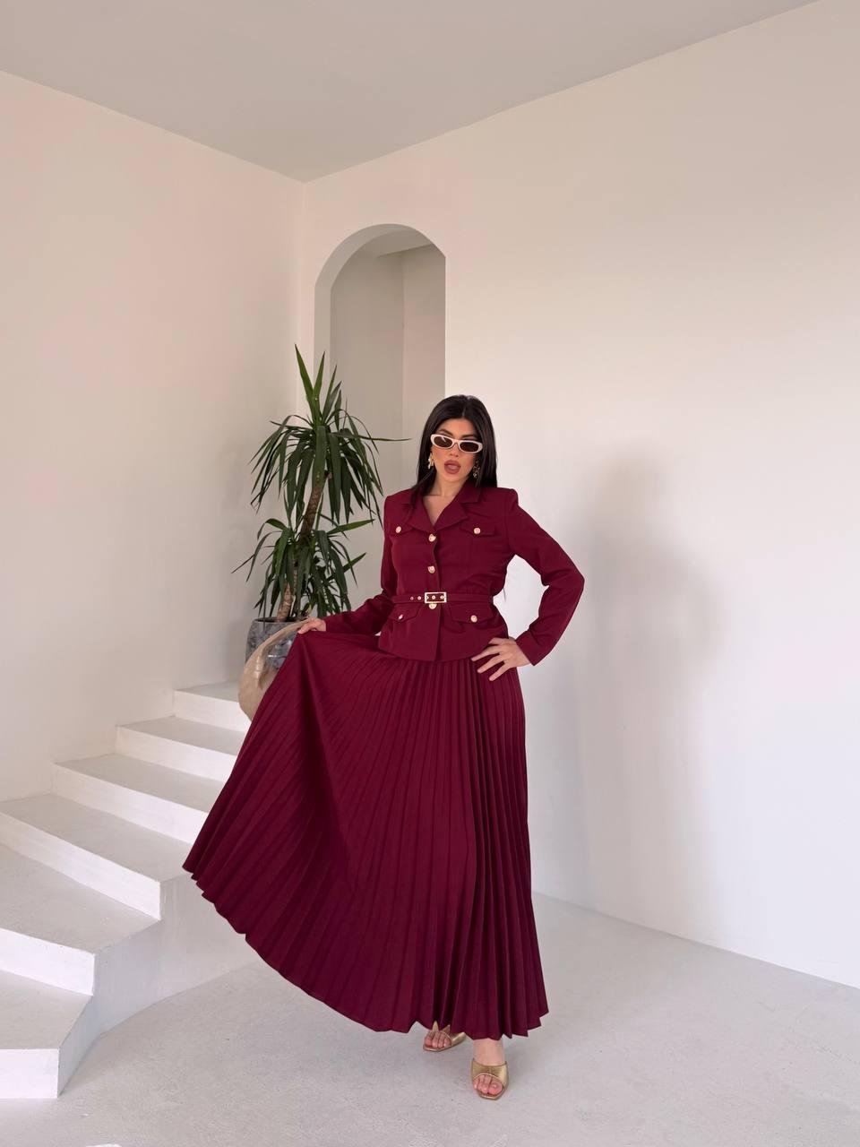 Bordo Kemerli Pilise Etekli Blazer Takım