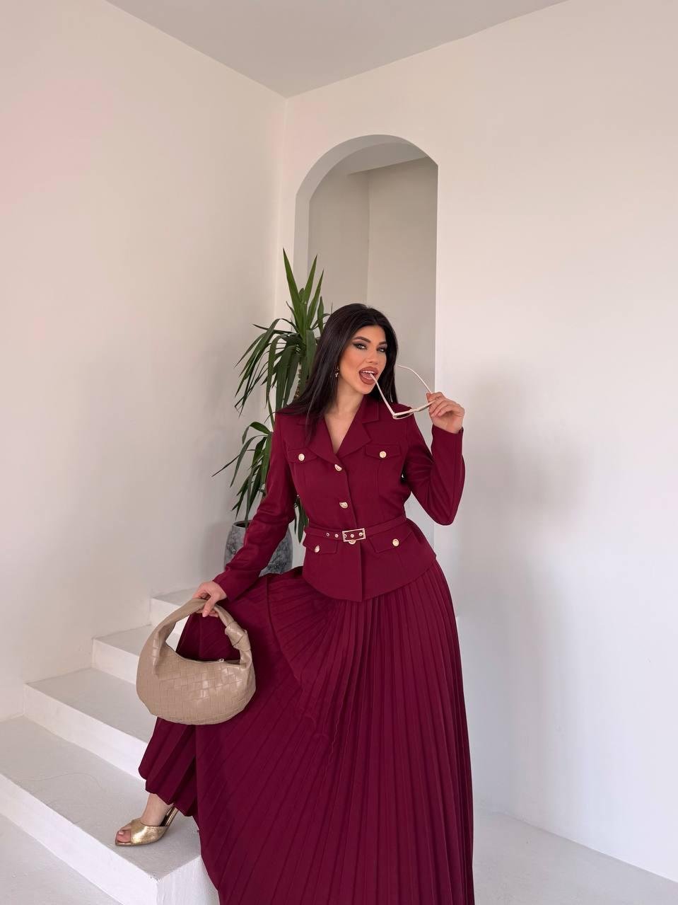 Bordo Kemerli Pilise Etekli Blazer Takım