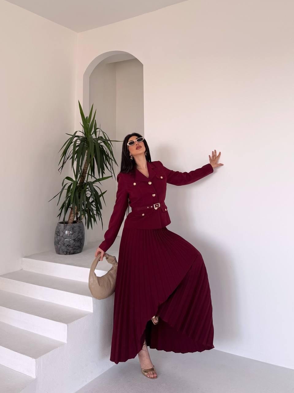 Bordo Kemerli Pilise Etekli Blazer Takım