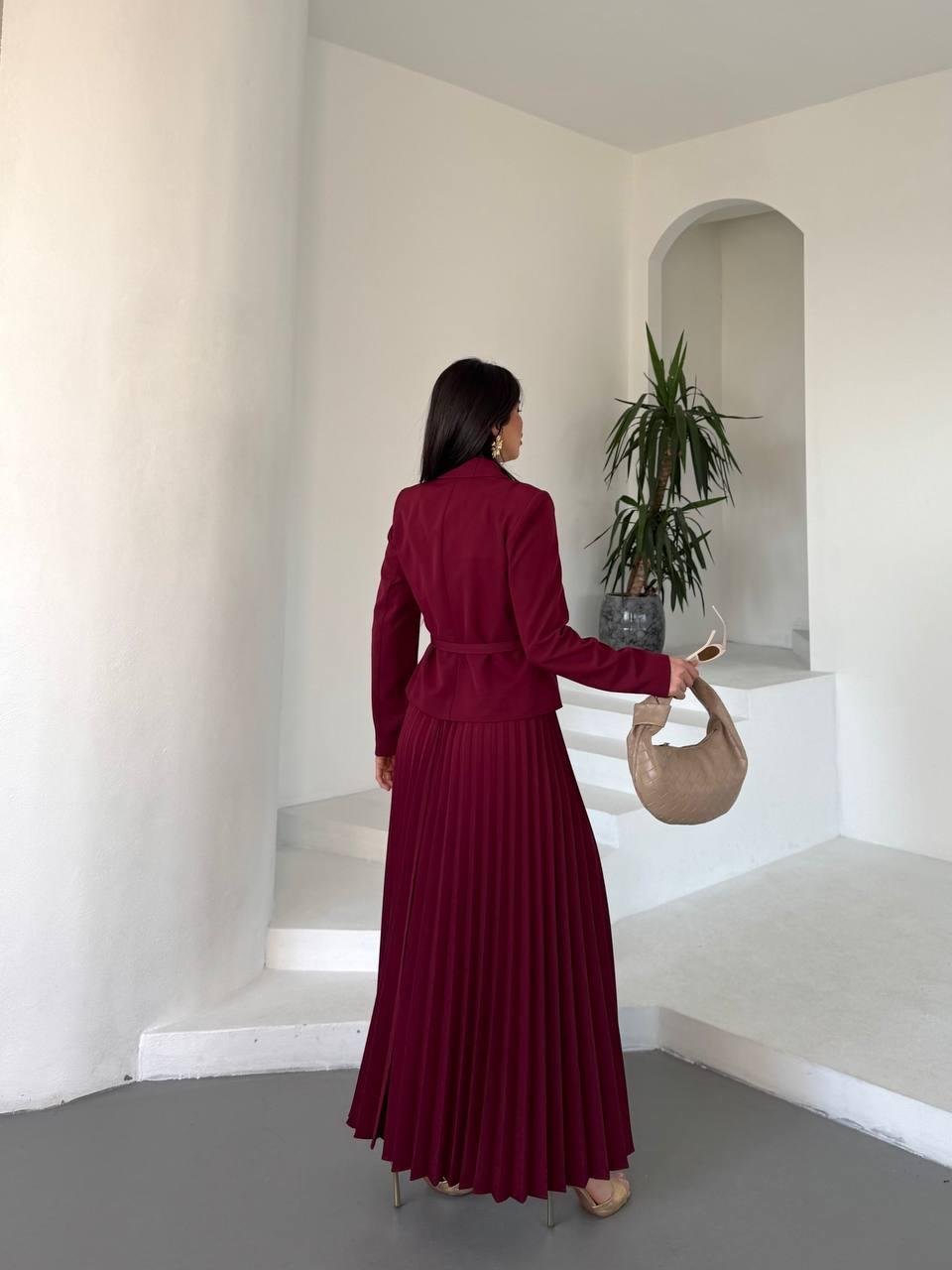 Bordo Kemerli Pilise Etekli Blazer Takım