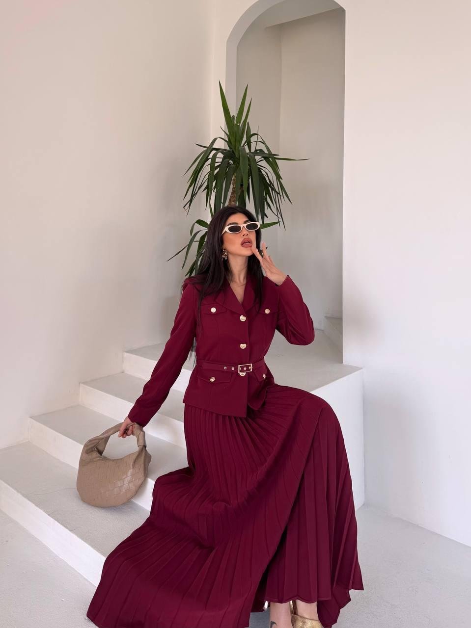 Bordo Kemerli Pilise Etekli Blazer Takım
