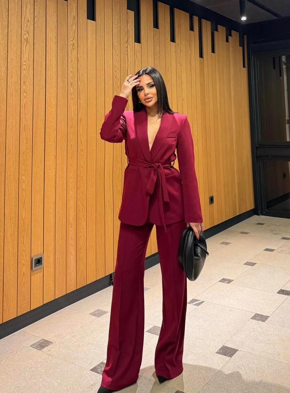 Bordo Kuşaklı Blazer Takım