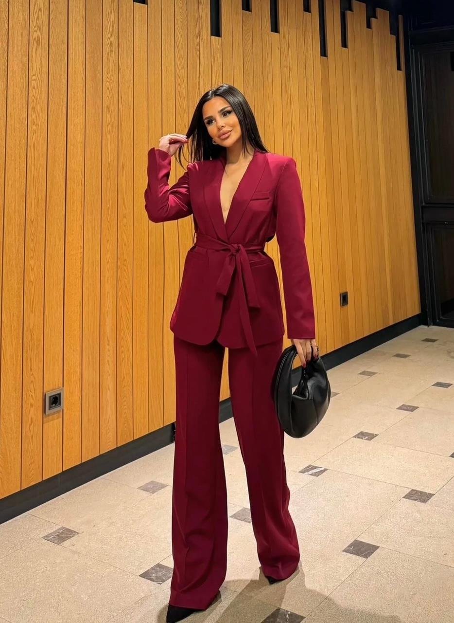 Bordo Kuşaklı Blazer Takım