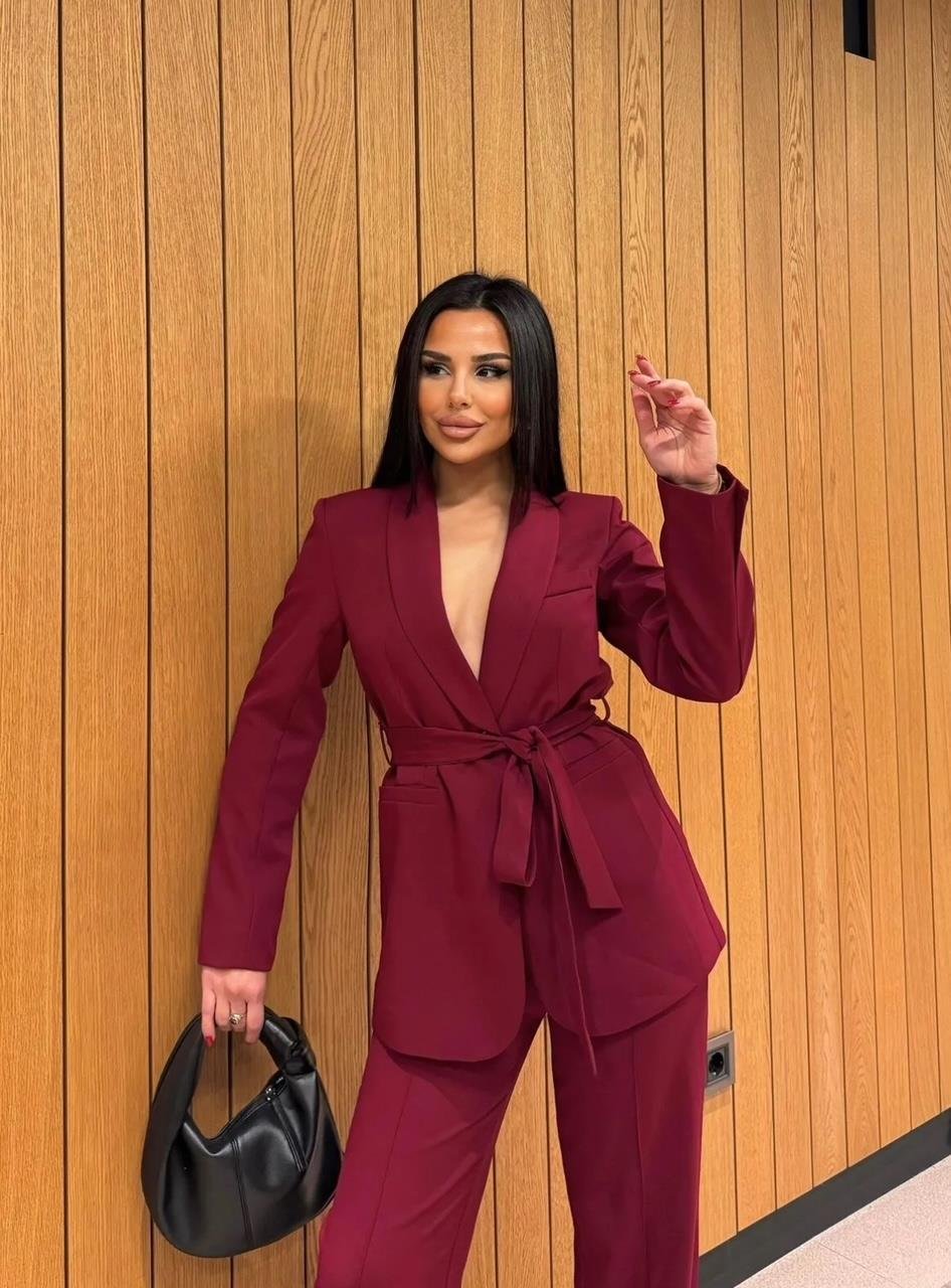 Bordo Kuşaklı Blazer Takım