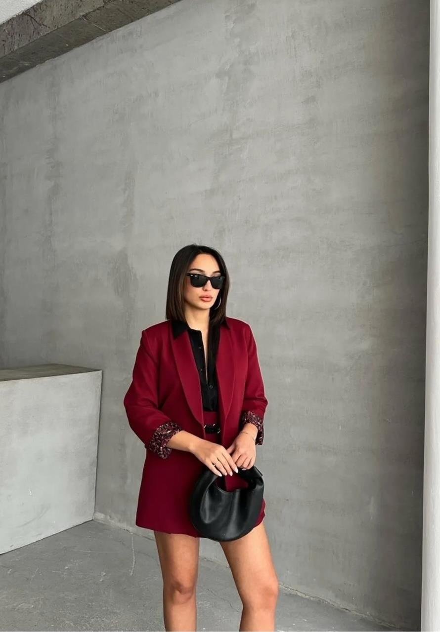 Bordo Leopar Astarlı Blazer Ceket
