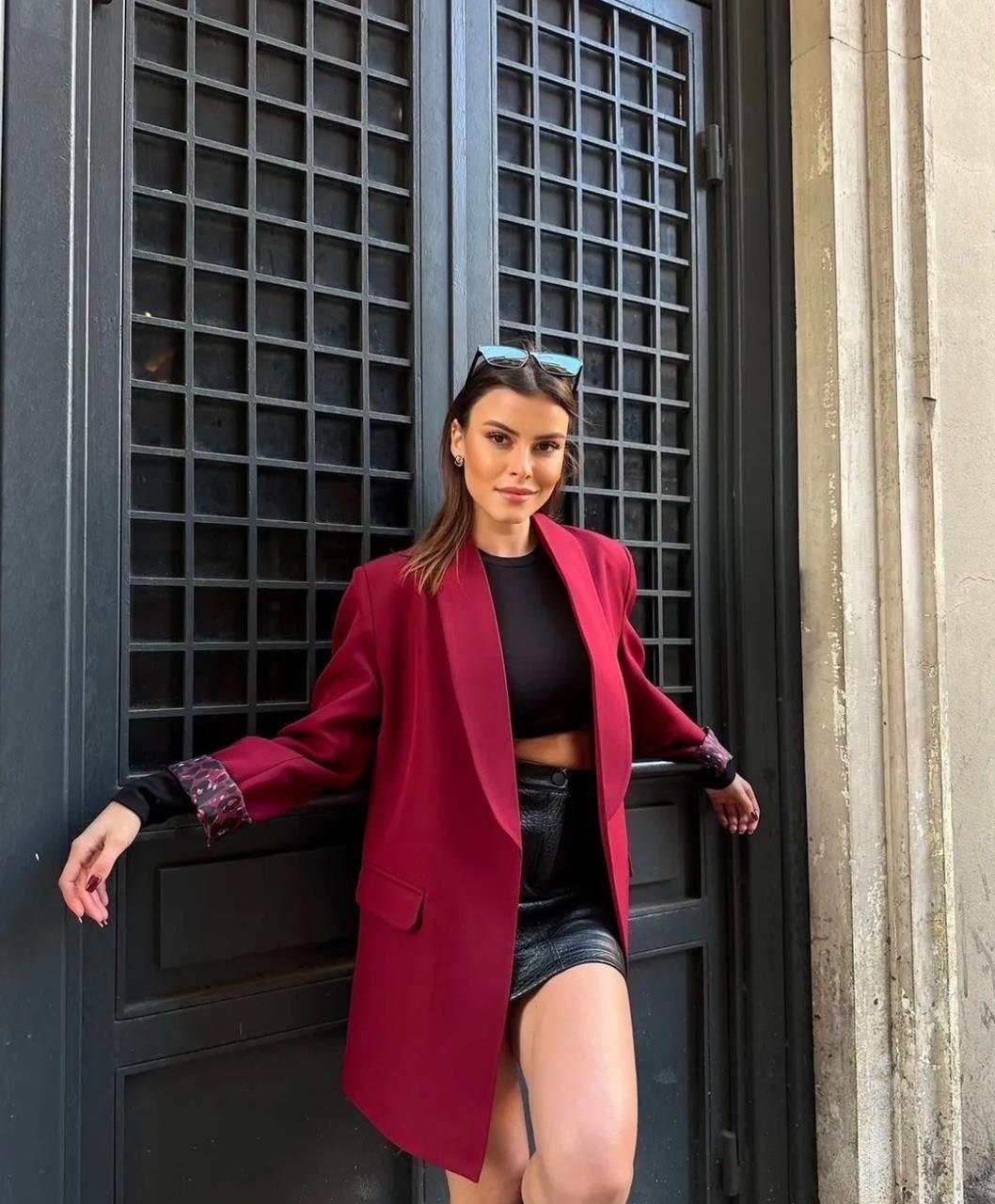 Bordo Leopar Astarlı Blazer Ceket