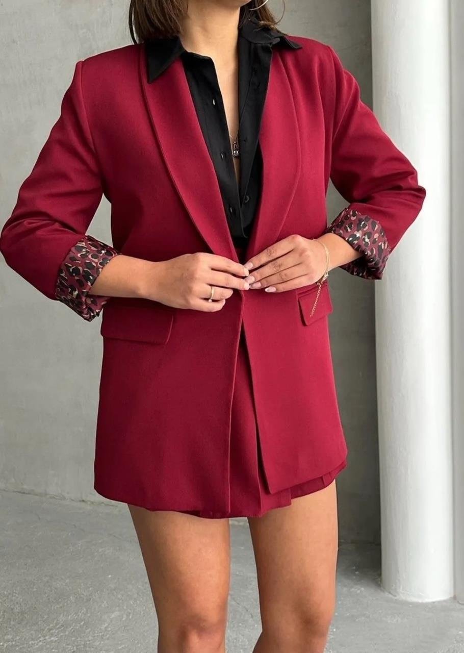 Bordo Leopar Astarlı Blazer Ceket