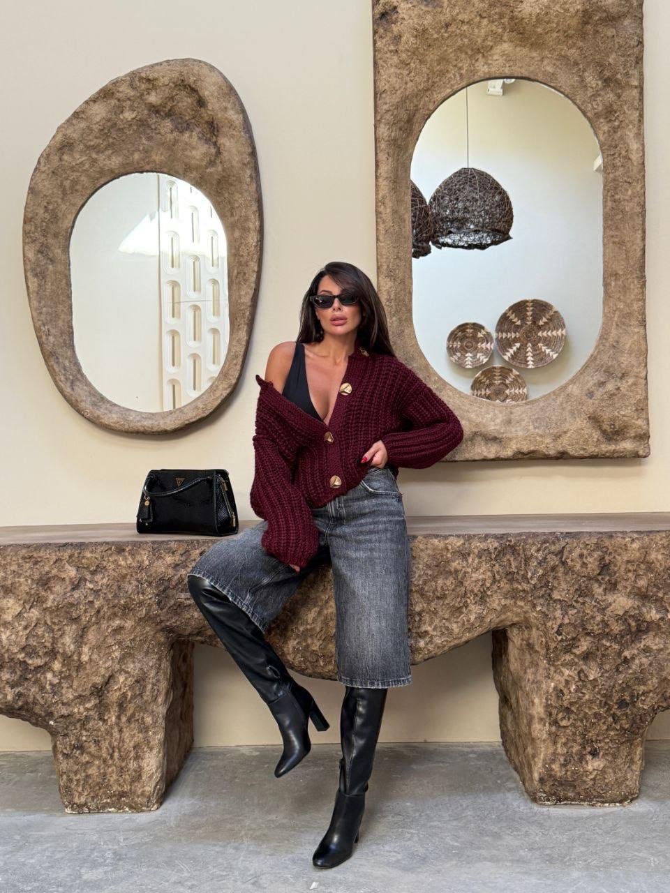 Bordo Örme Gold Düğmeli Triko Kazak
