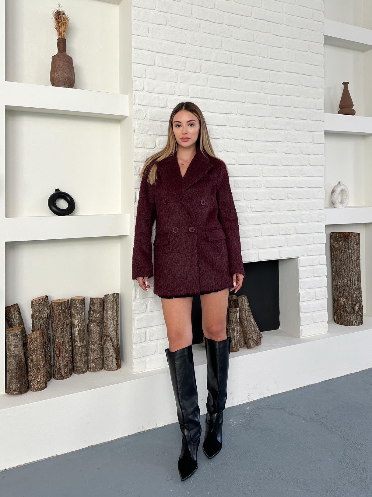 Bordo Oversize Kaşe Blazer Ceket
