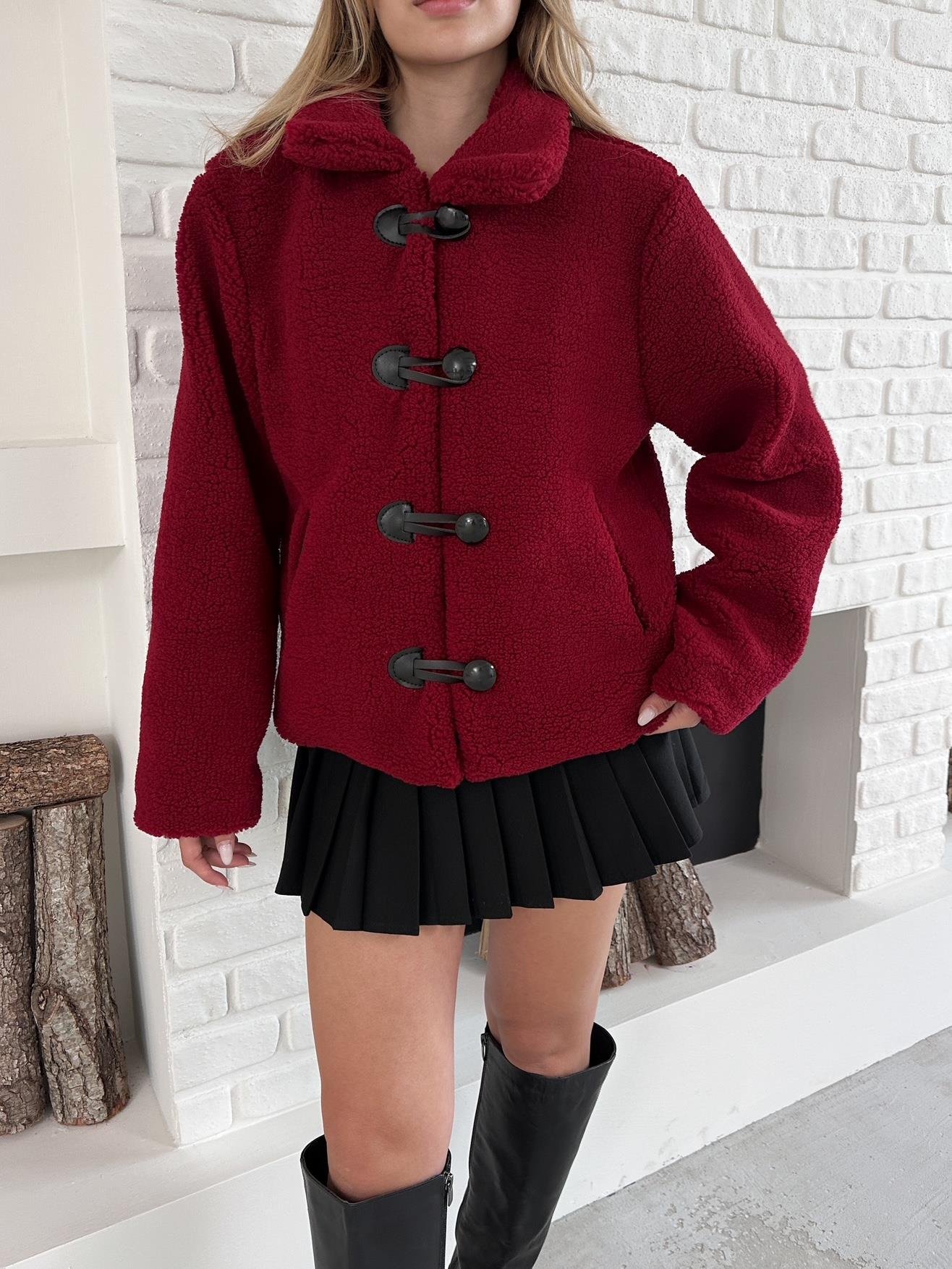 Bordo Peluş Çoban Kapamalı Mont