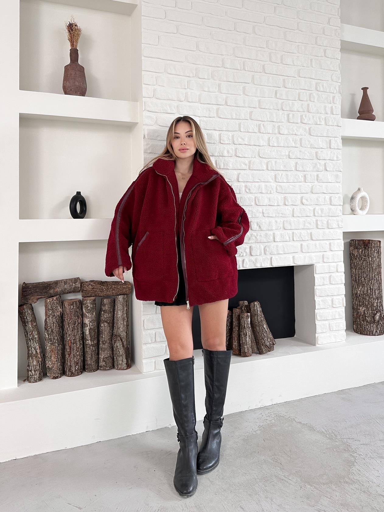 Bordo Peluş Fermuarlı Oversize Biker Mont