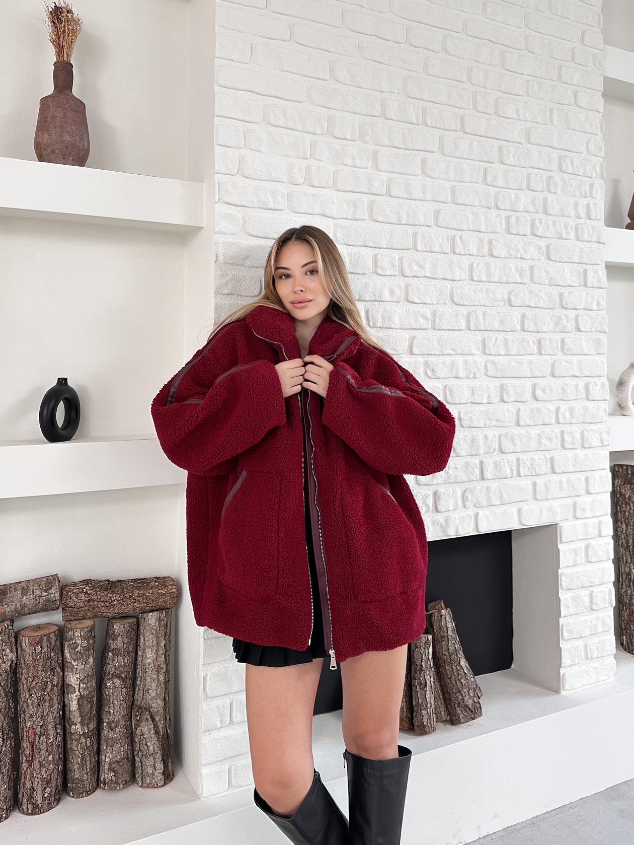 Bordo Peluş Fermuarlı Oversize Biker Mont
