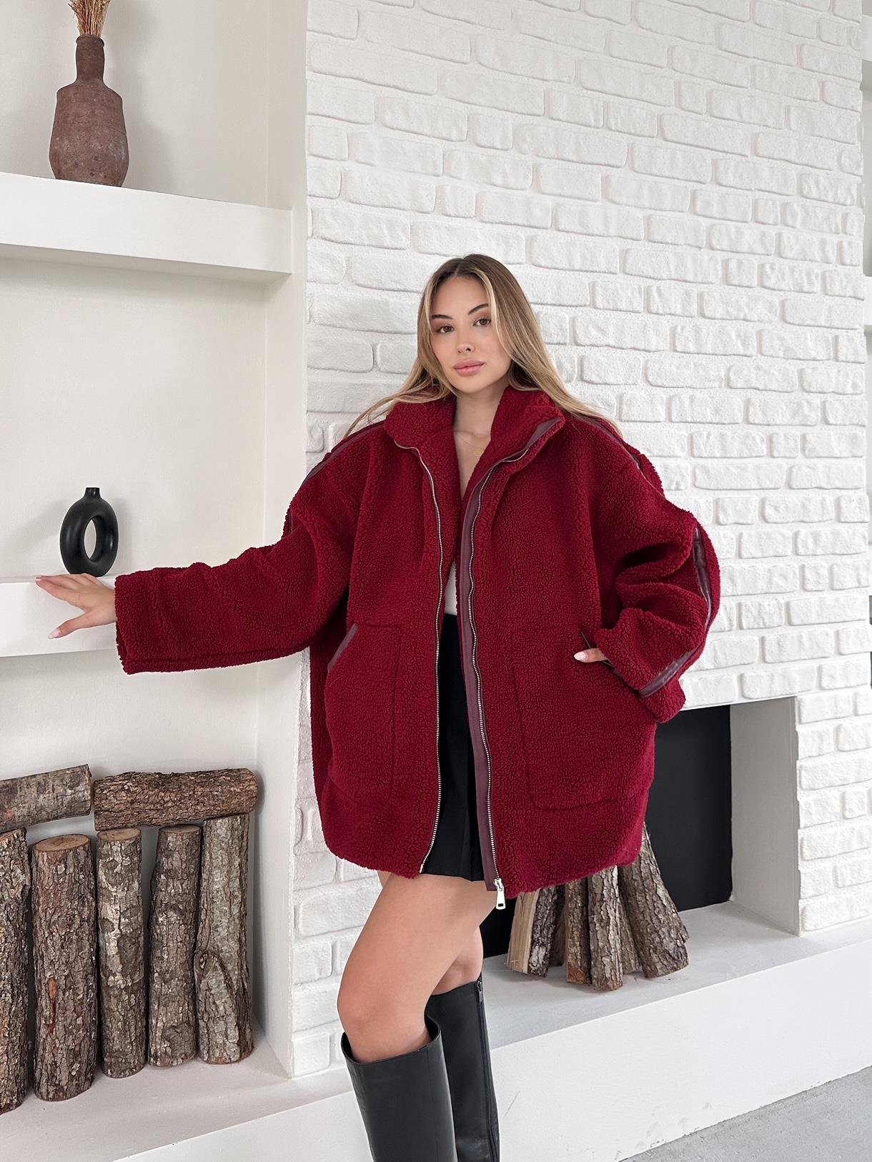 Bordo Peluş Fermuarlı Oversize Biker Mont