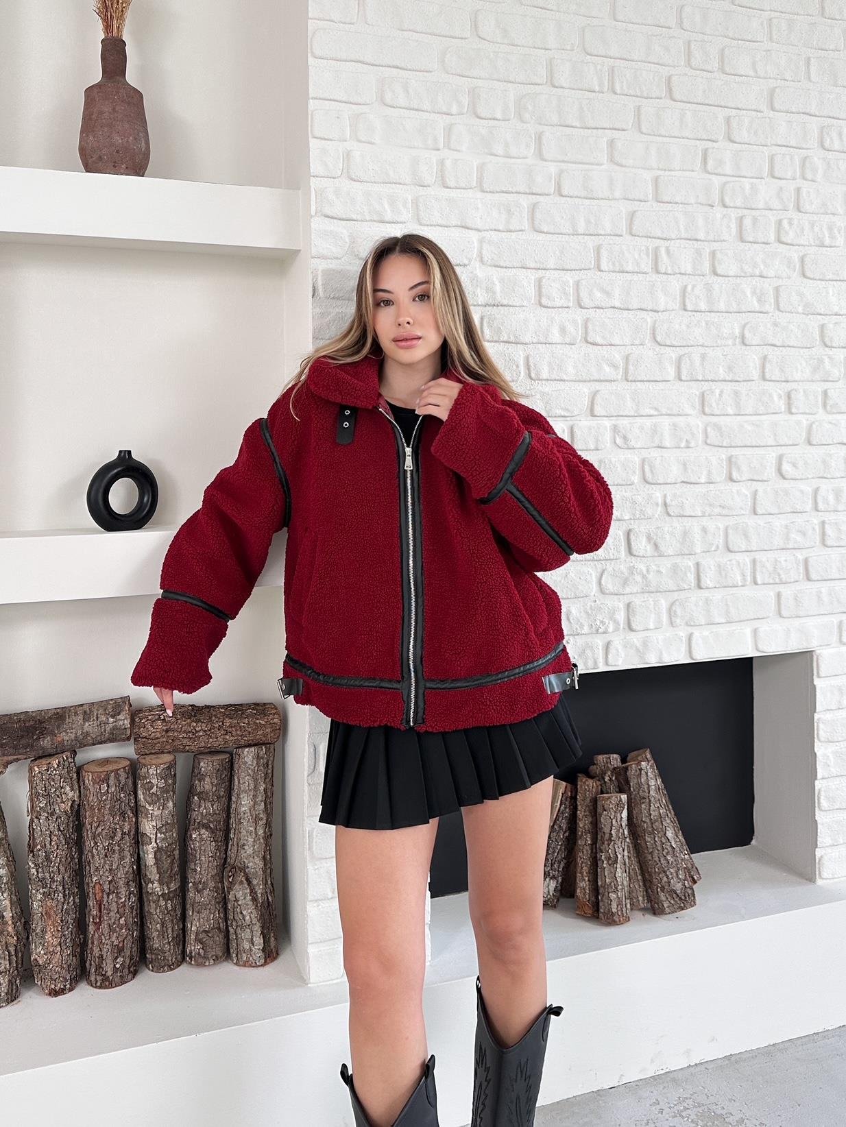 Bordo Peluş Fermuarlı Oversize Kuzu Mont