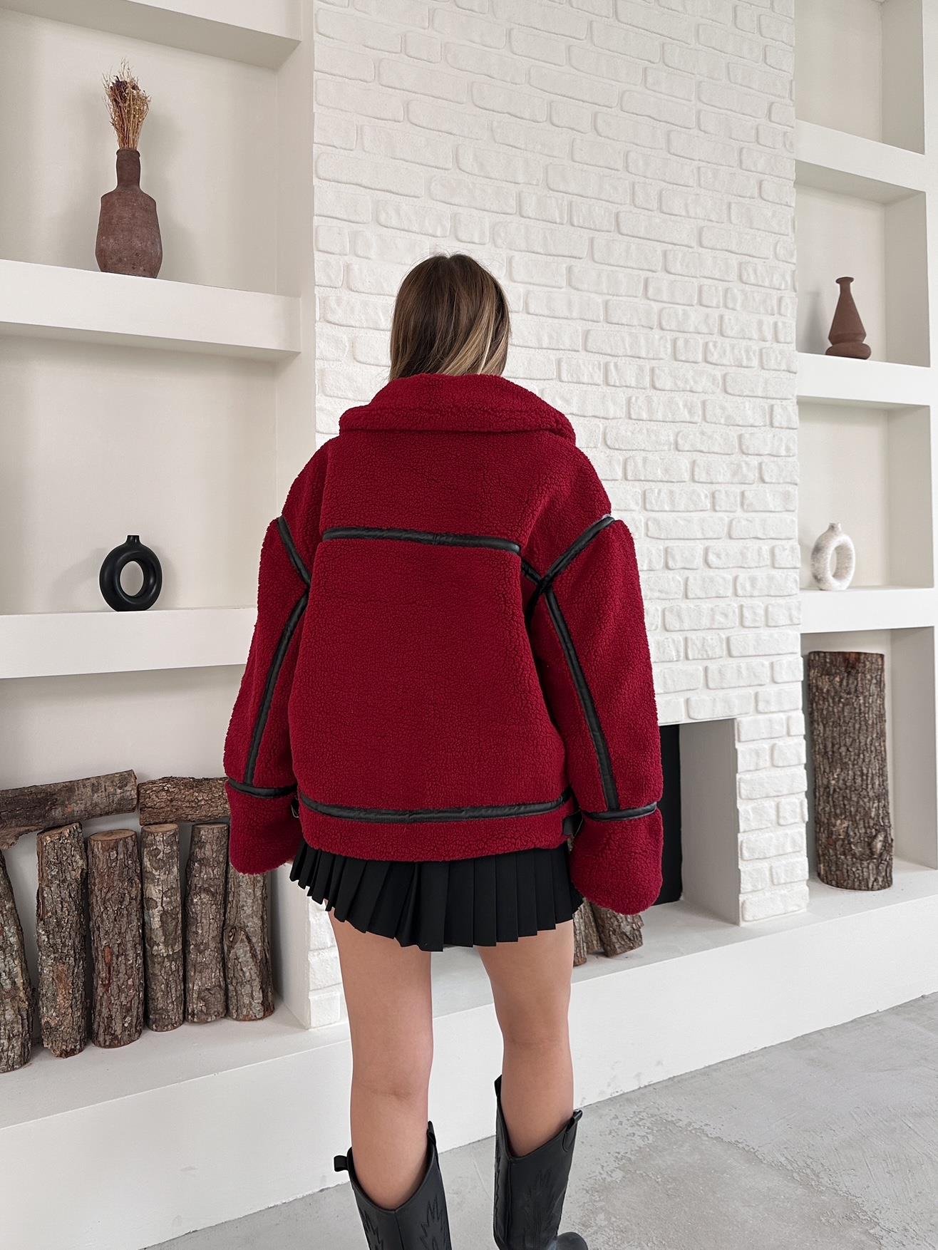 Bordo Peluş Fermuarlı Oversize Kuzu Mont