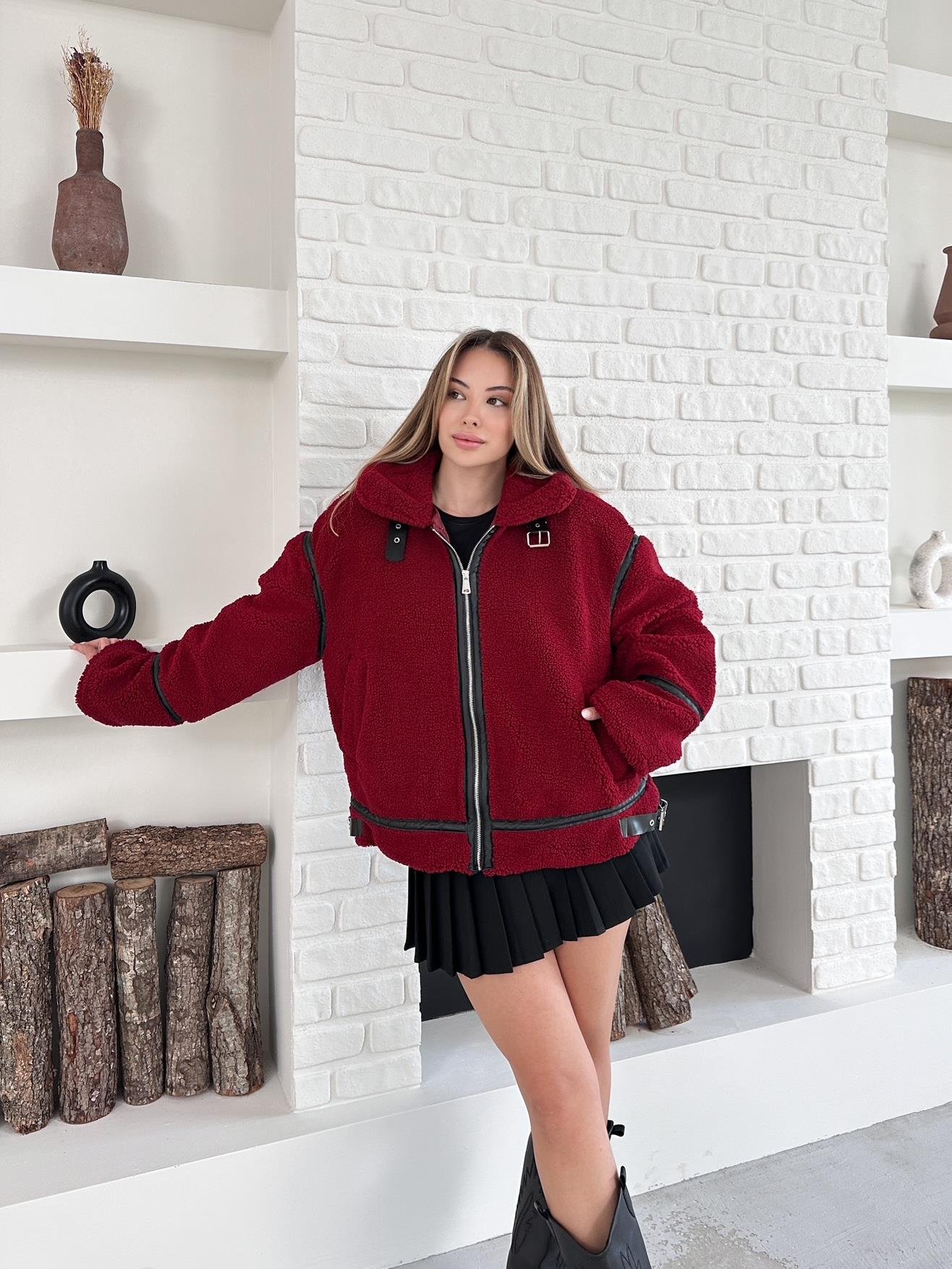 Bordo Peluş Fermuarlı Oversize Kuzu Mont