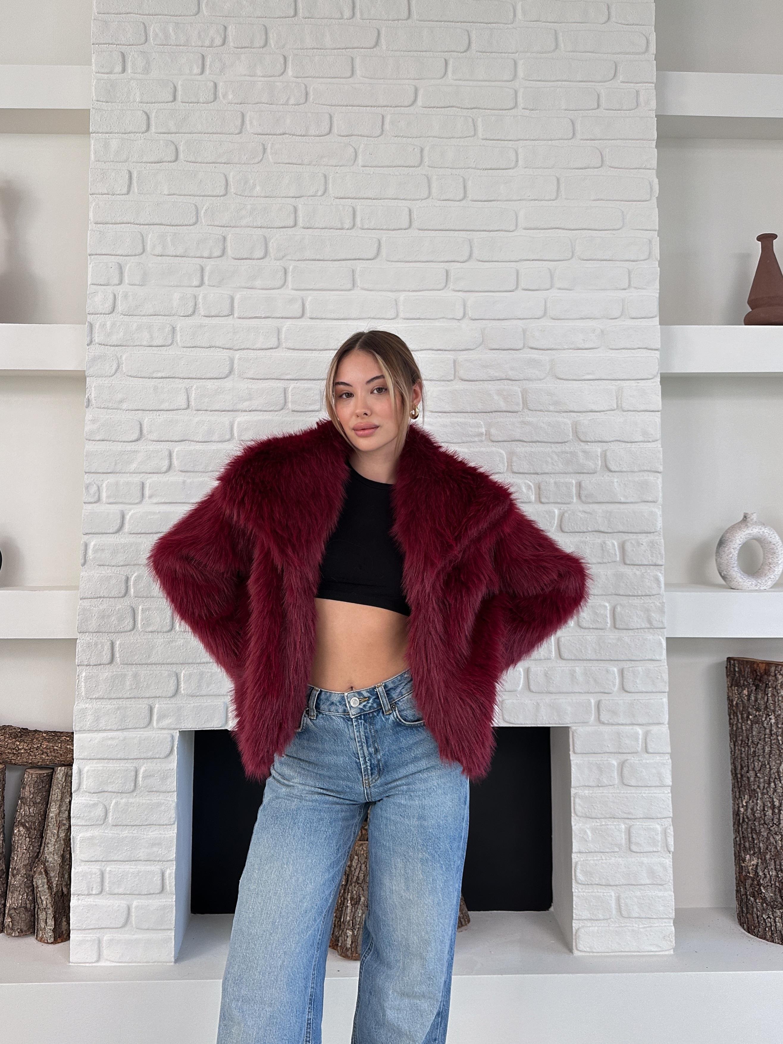 Bordo Premium Yumuşak Dokulu Astarlı Kürk