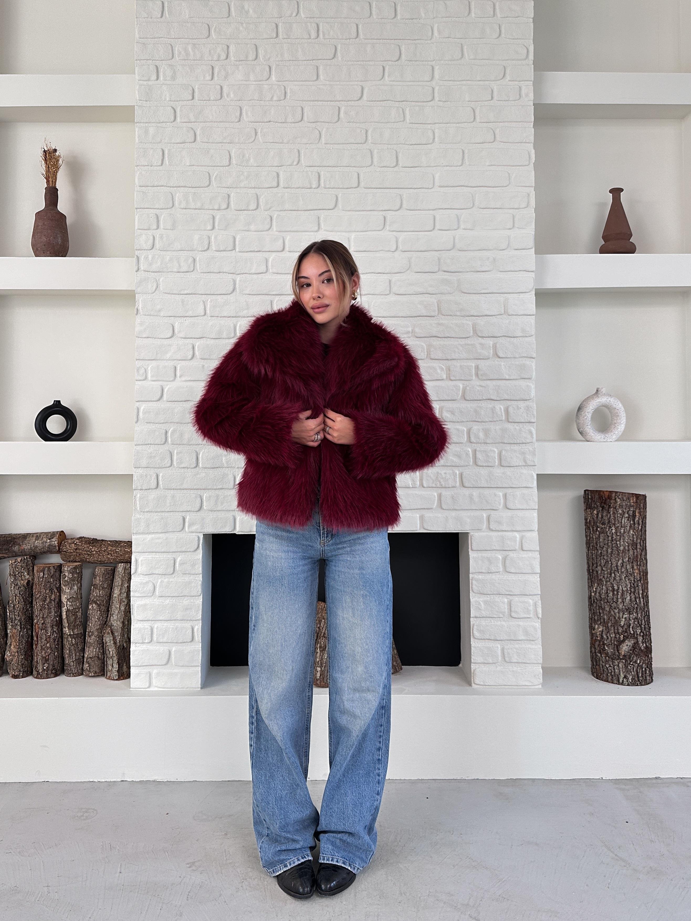 Bordo Premium Yumuşak Dokulu Astarlı Kürk