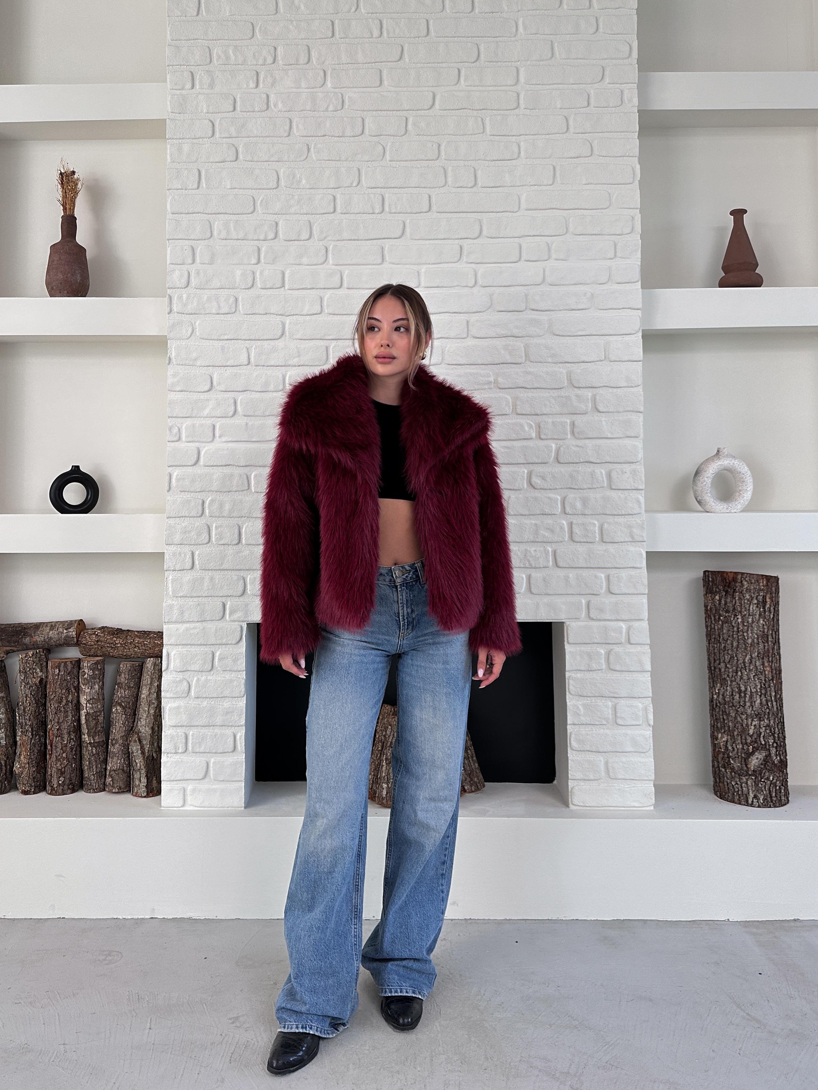Bordo Premium Yumuşak Dokulu Astarlı Kürk