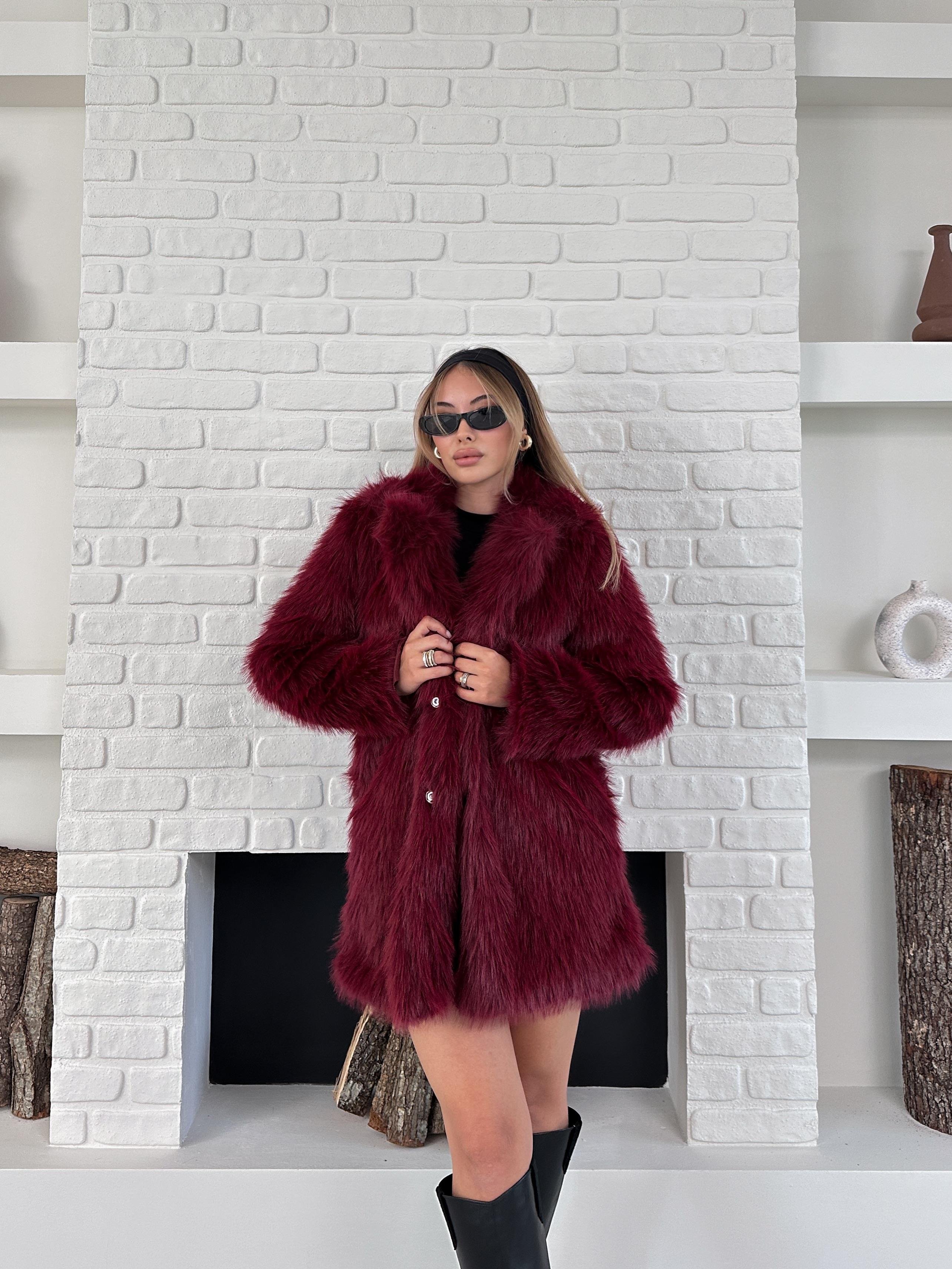 Bordo Premium Yumuşak Dokulu Astarlı Uzun Kürk