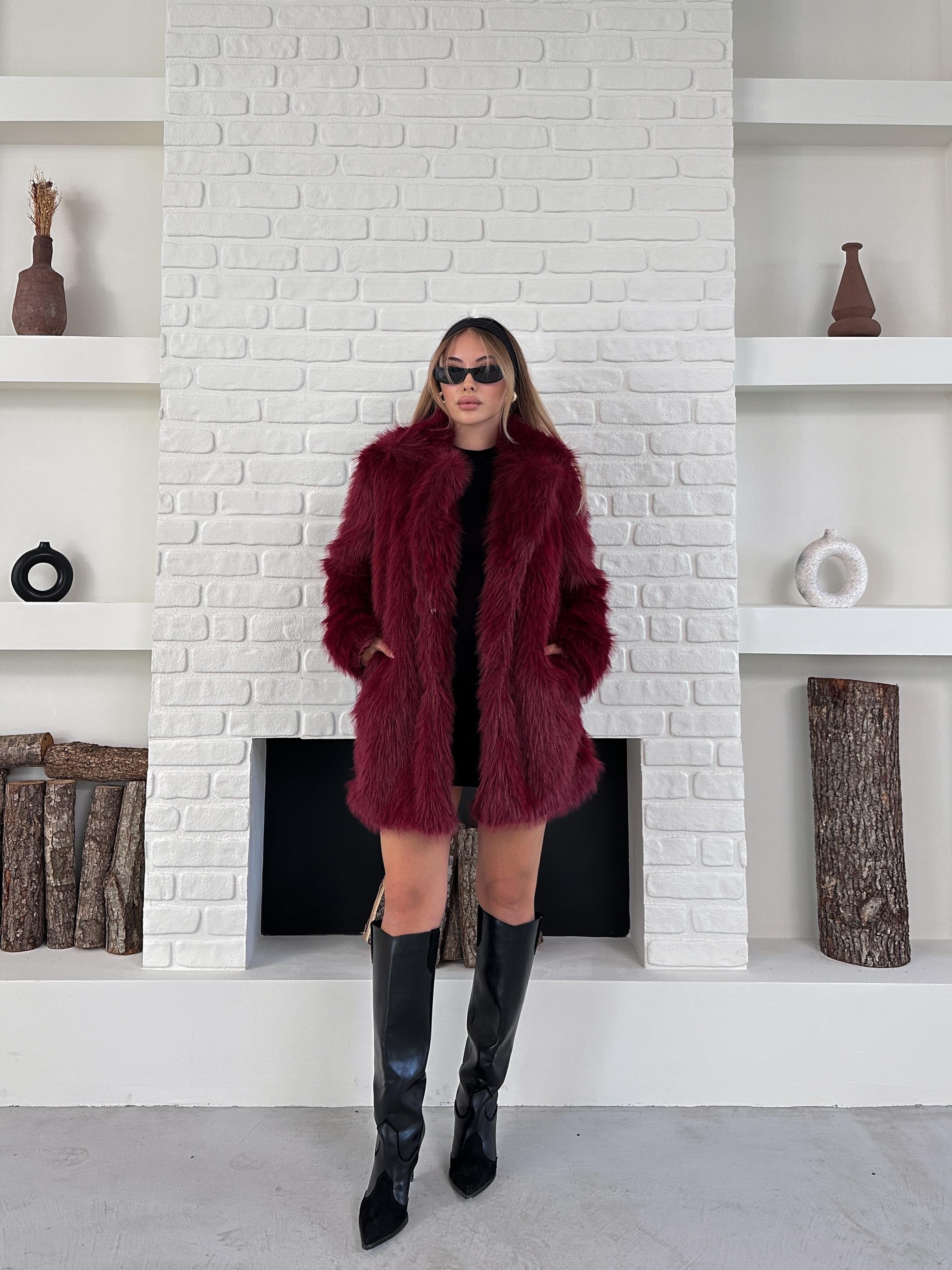 Bordo Premium Yumuşak Dokulu Astarlı Uzun Kürk