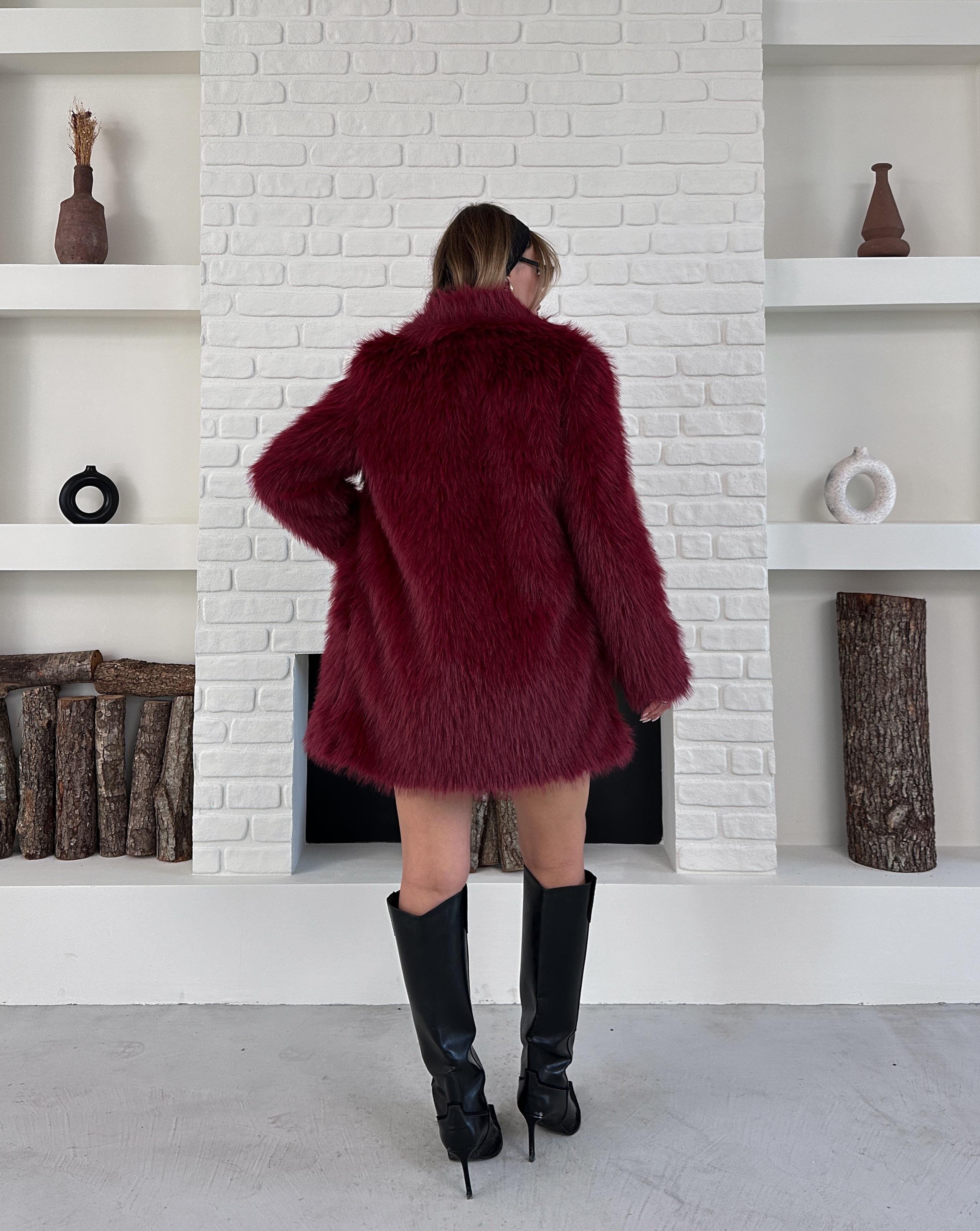 Bordo Premium Yumuşak Dokulu Astarlı Uzun Kürk