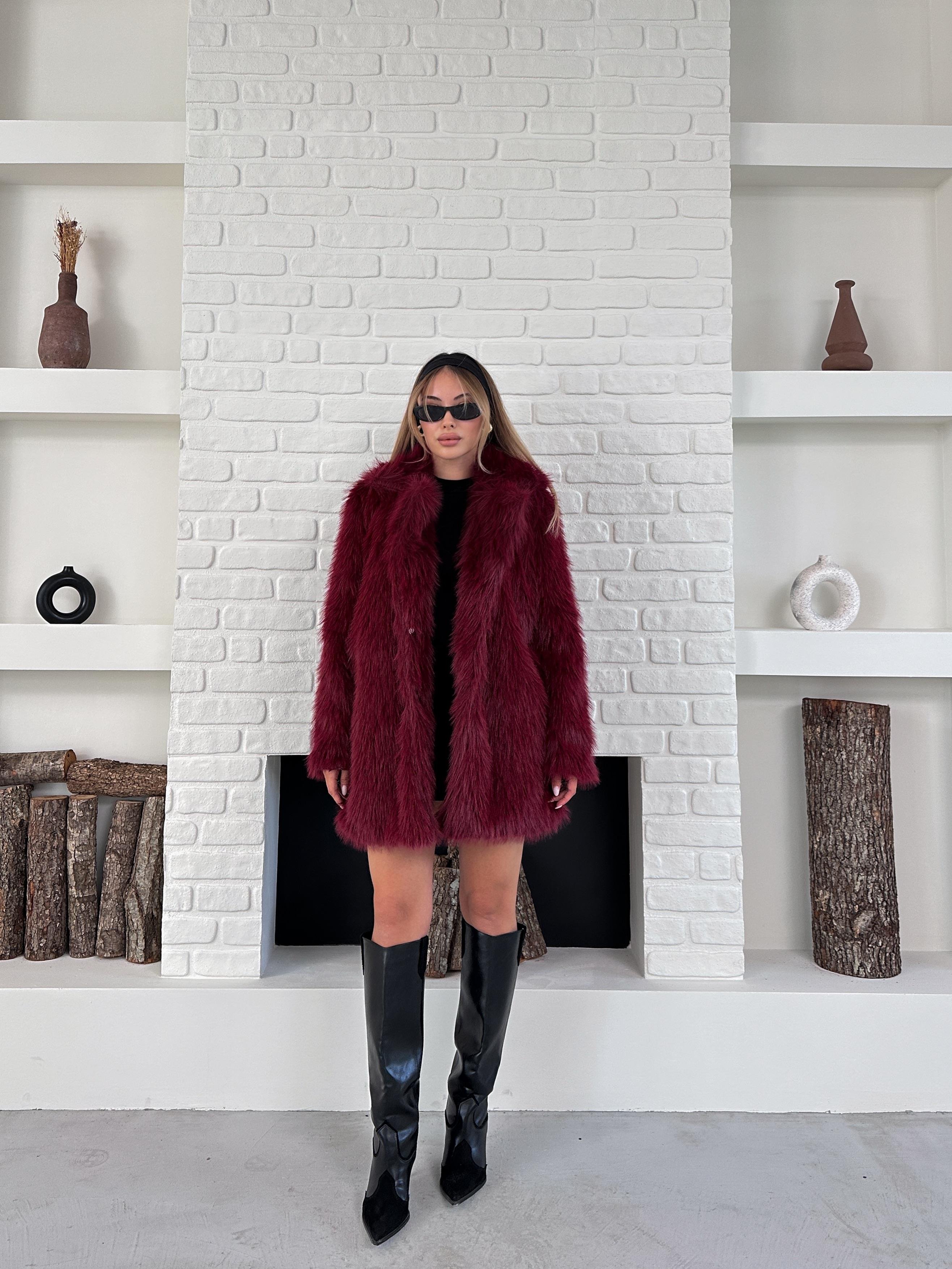 Bordo Premium Yumuşak Dokulu Astarlı Uzun Kürk