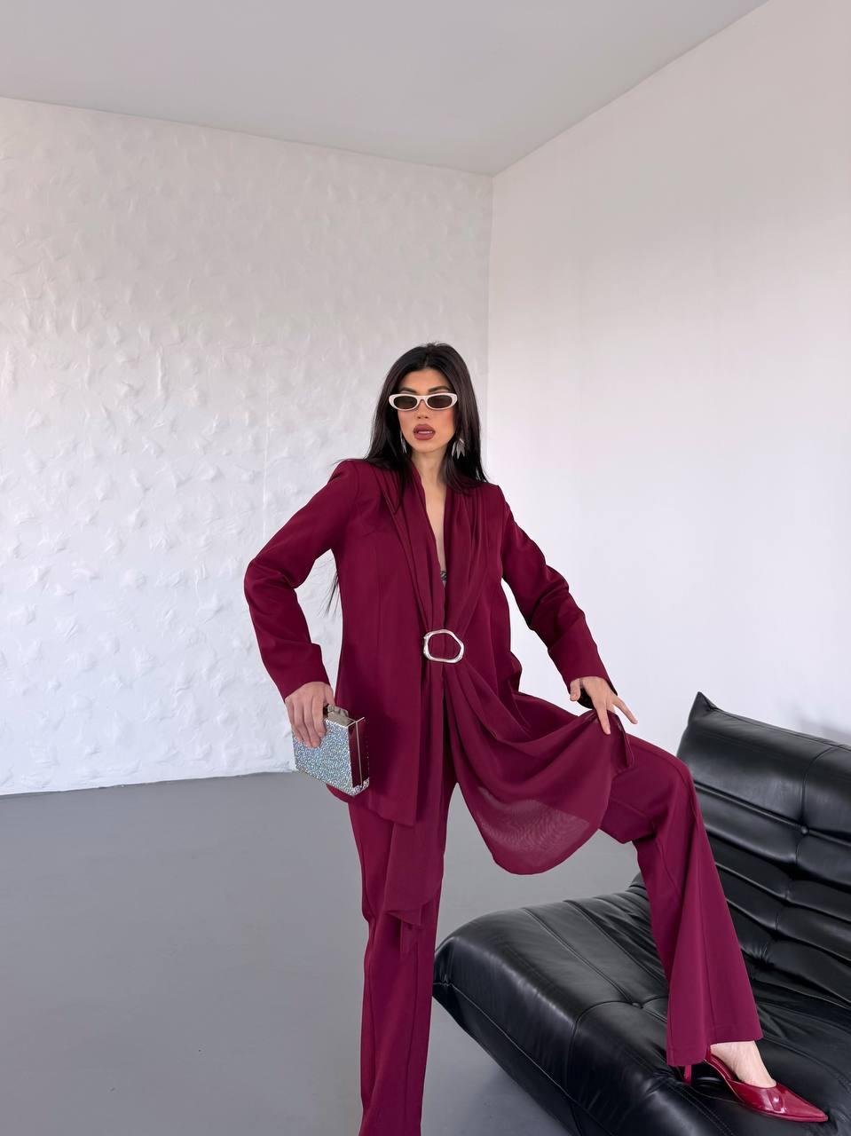 Bordo Şal Görünümlü Blazer Takım