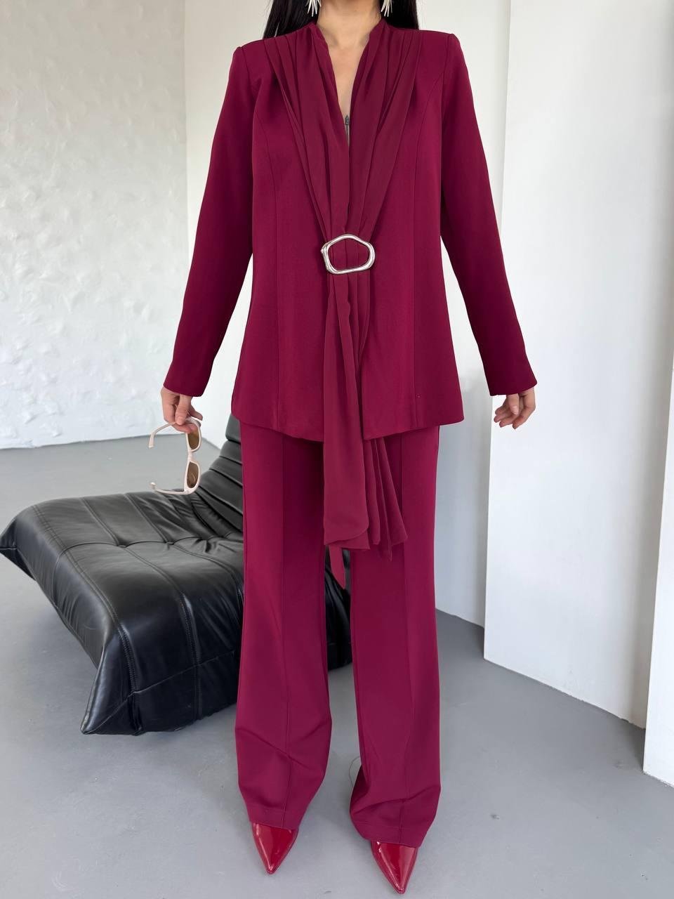 Bordo Şal Görünümlü Blazer Takım