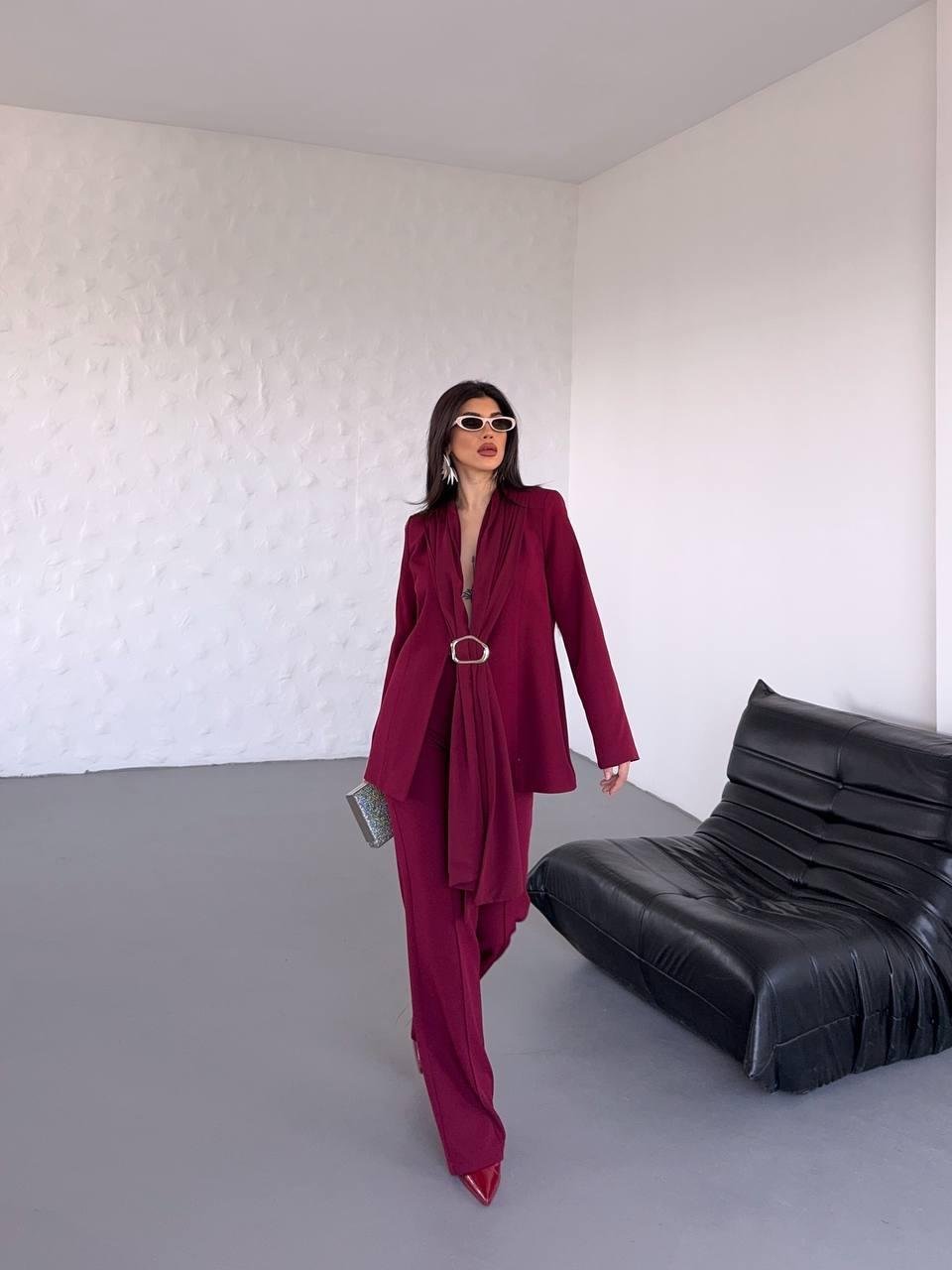 Bordo Şal Görünümlü Blazer Takım