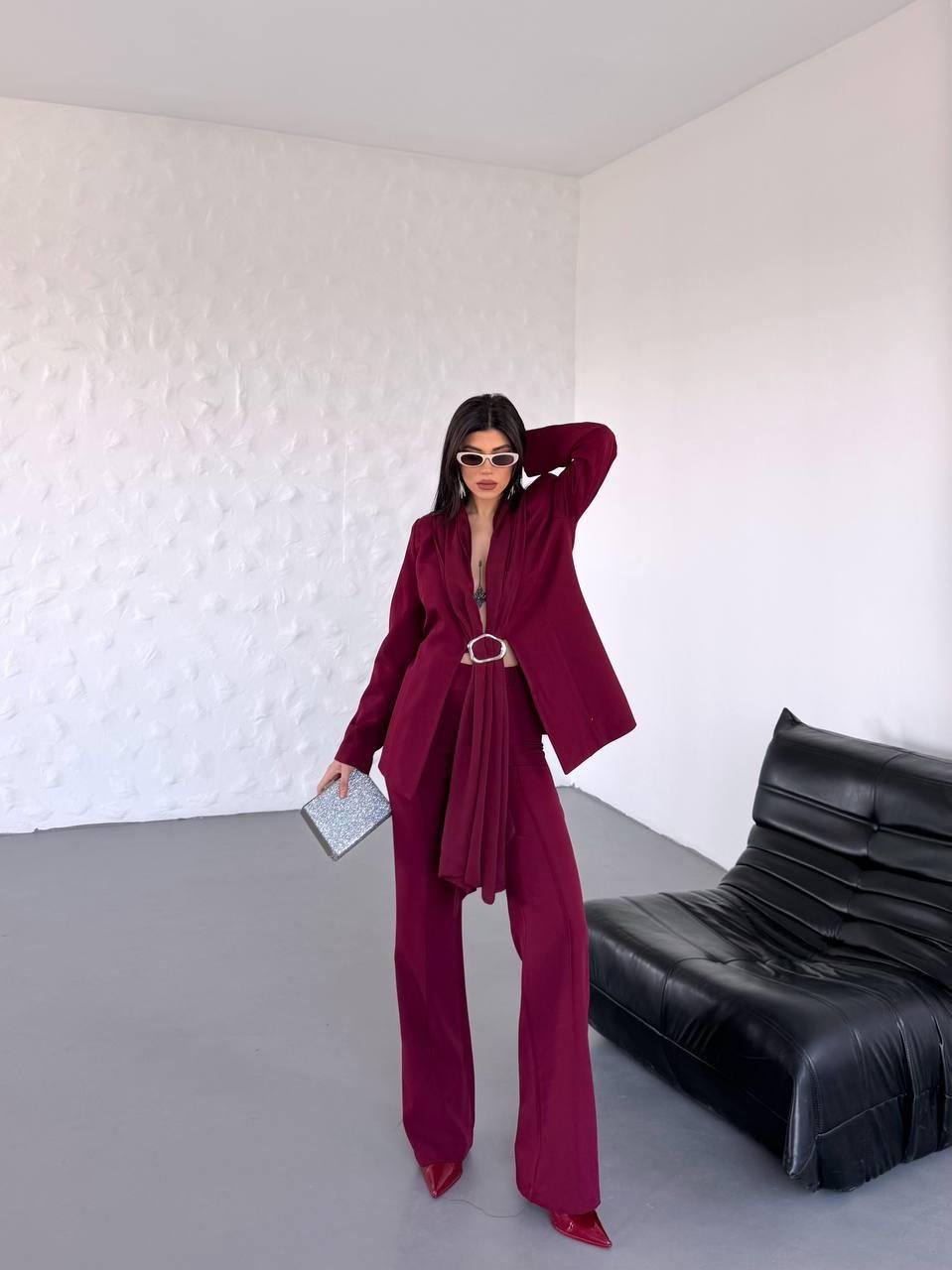 Bordo Şal Görünümlü Blazer Takım