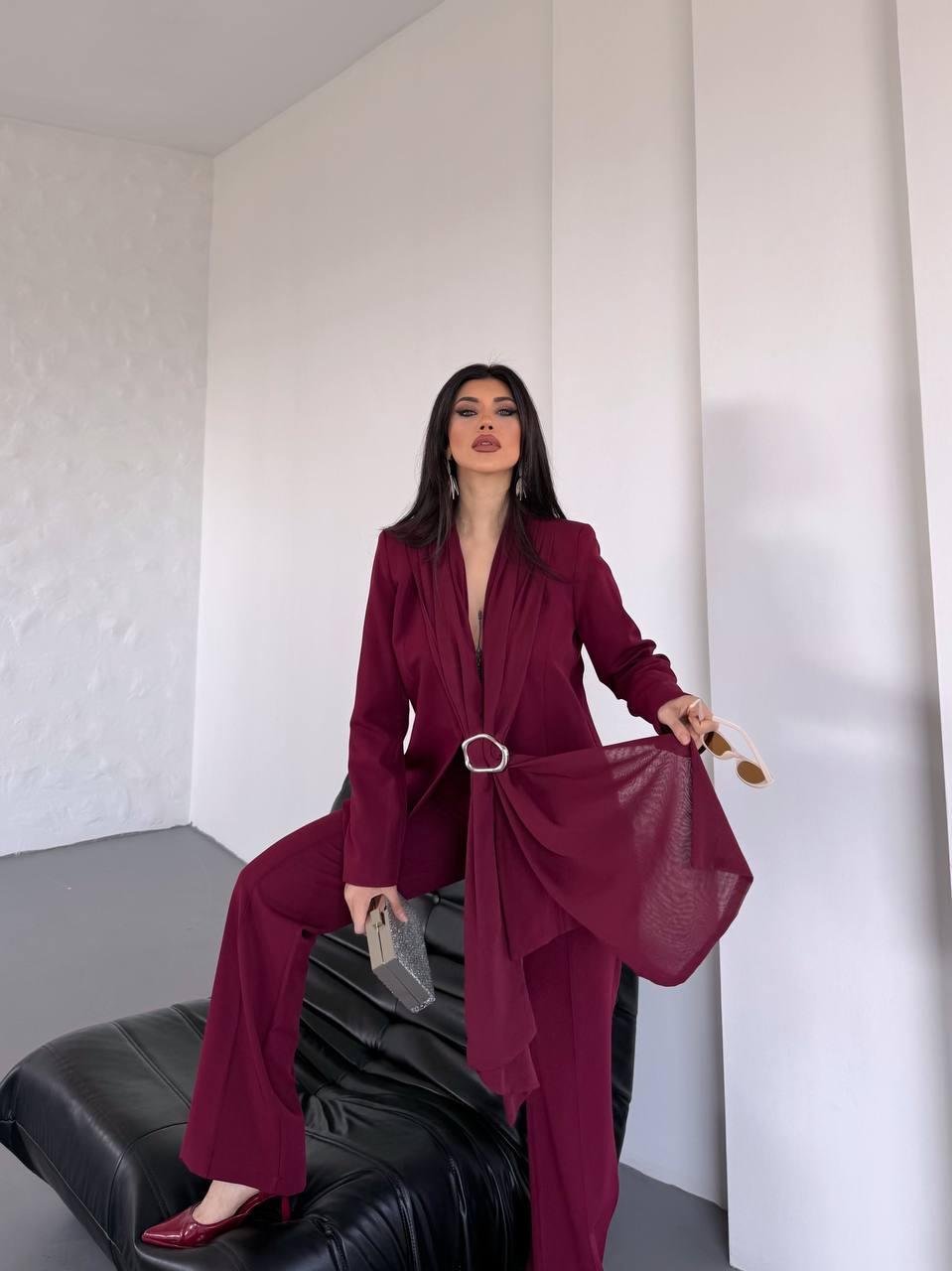 Bordo Şal Görünümlü Blazer Takım